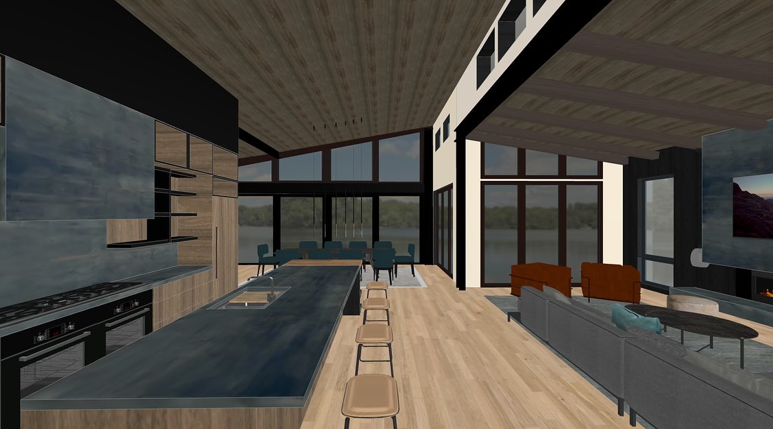 Lake House McCall Idaho Sneak Peek 3D Concept Renders: Front to Back views bring the outdoors in. It’s fun to dial in the details from mood board to actual space! #mccalldesignandplanning #mtn_element_construction#boiseinteriordesigner#monicamachadesign