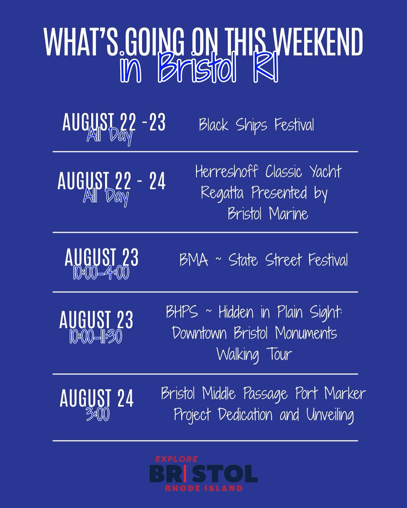 ✨ What’s on deck in Bristol this weekend? Let’s go!
⚓ Aug 22–23: Black Ships Festival (all day!)
⛵ Aug 22–24: Herreshoff Classic Yacht Regatta presented by Bristol Marine
🎶 Aug 23: State Street Festival (10–4)
🚶 Aug 23: Hidden in Plain Sight Walking Tour (10–11:30)
🌊 Aug 24: Middle Passage Port Marker Dedication & Unveiling (3 PM)
📍Mark your calendars, bring your crew, and explore Bristol like a local this weekend! 💙
#ExploreBristolRI #BristolRI #theclassiccoast