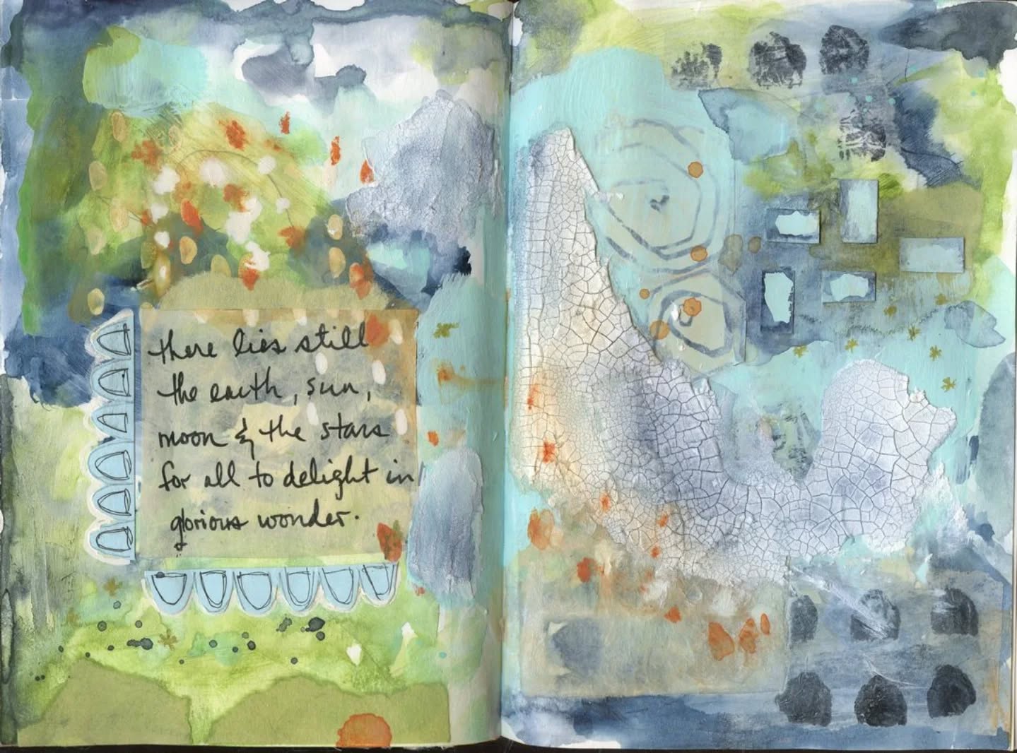 "There lies still the earth, sun, moon and the stars for all to delight in glorious wonder." Julie
Lots of texture in this one! Collage, Crackle paste, Neocolors, watercolor and acrylic paint. Just playing and enjoying the process.
#mixedmedia #mixedmediaart #mixedmediaartjournal #mixedmediaabstract #mixedmediajournal #makeart #mixedmediaartist #abstractartist