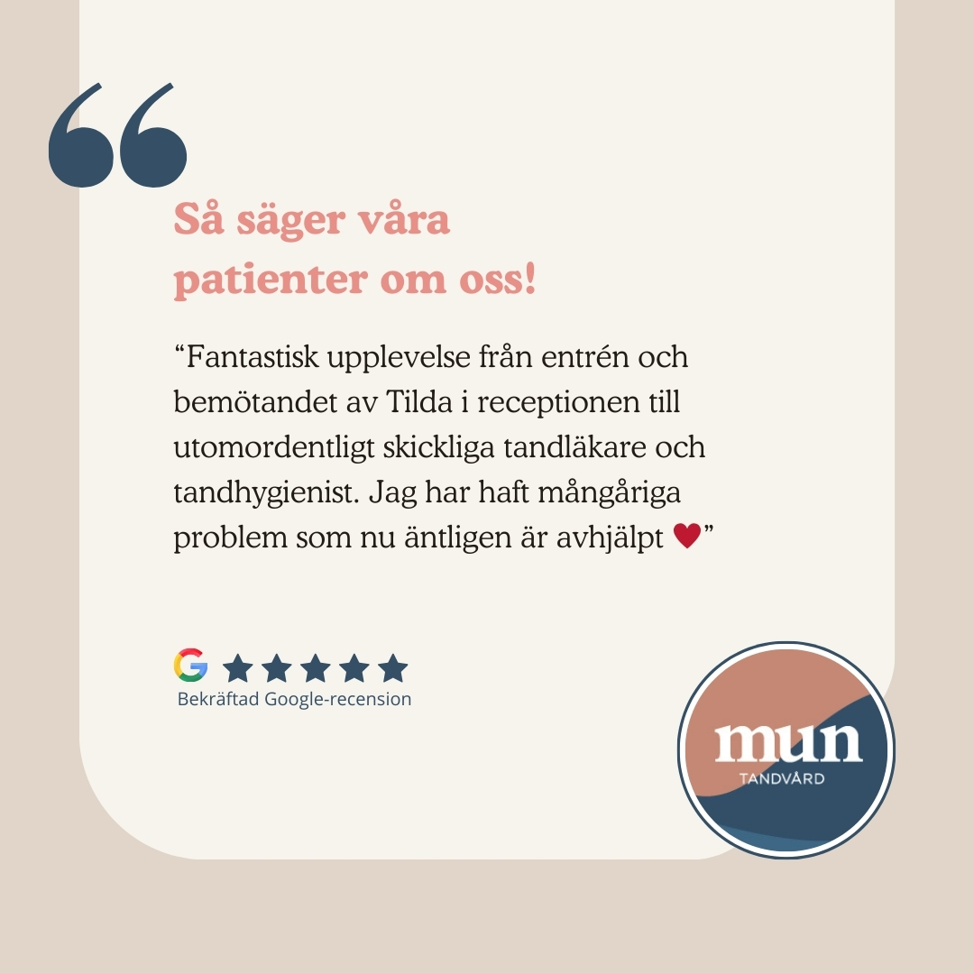 Vi är så tacksamma för alla er patienter som väljer Mun Tandvård 💙 Era fina ord betyder mer än ni anar och gör oss både glada och motiverade varje dag.
🌟 Vill du dela din upplevelse hos oss? Vi blir jätteglada om du vill lämna ett omdöme på Google – det hjälper oss att växa och utvecklas, samtidigt som det gör det enklare för nya patienter att hitta till oss.
Tack för att ni väljer Mun Tandvård!❤️
