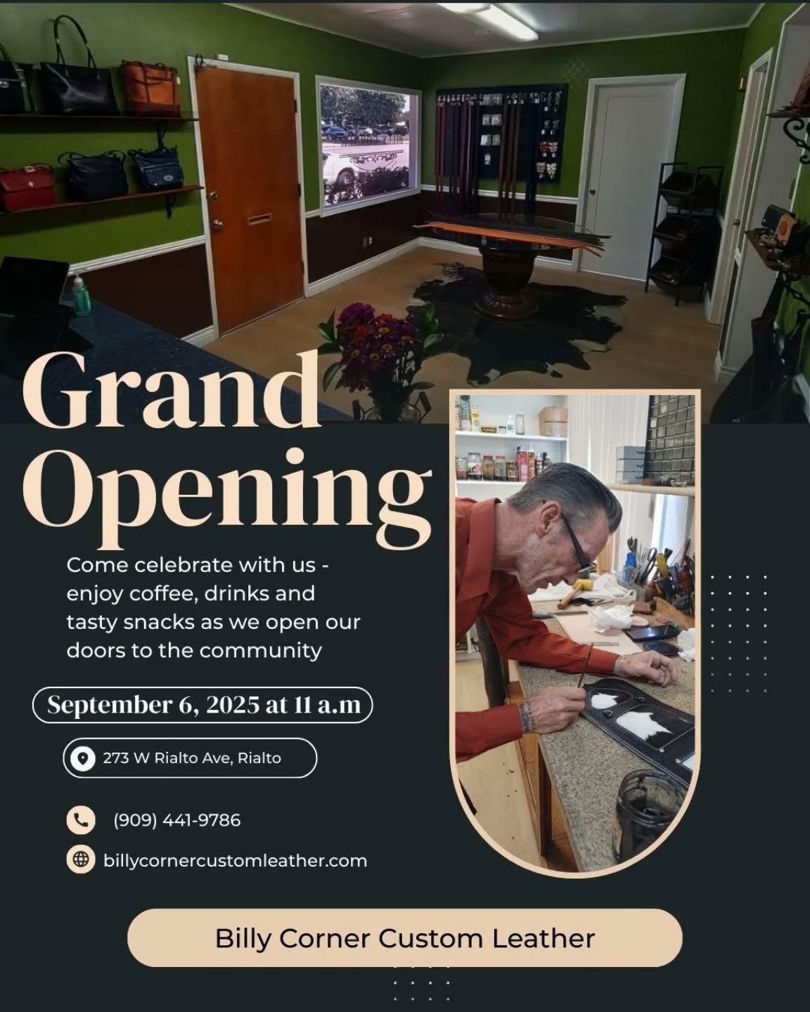 GRAND OPENING ALERT!
We are opening the door to Billy Corner Custom Leather. From hand-stitched wallets to custom bags and accessories, every piece tells a story.
Come meet the maker, feel the leather, and experience the artistry. Whether you're a long time leather lover or just curious, we'd love to welcome you.
#belts #purses #wallets