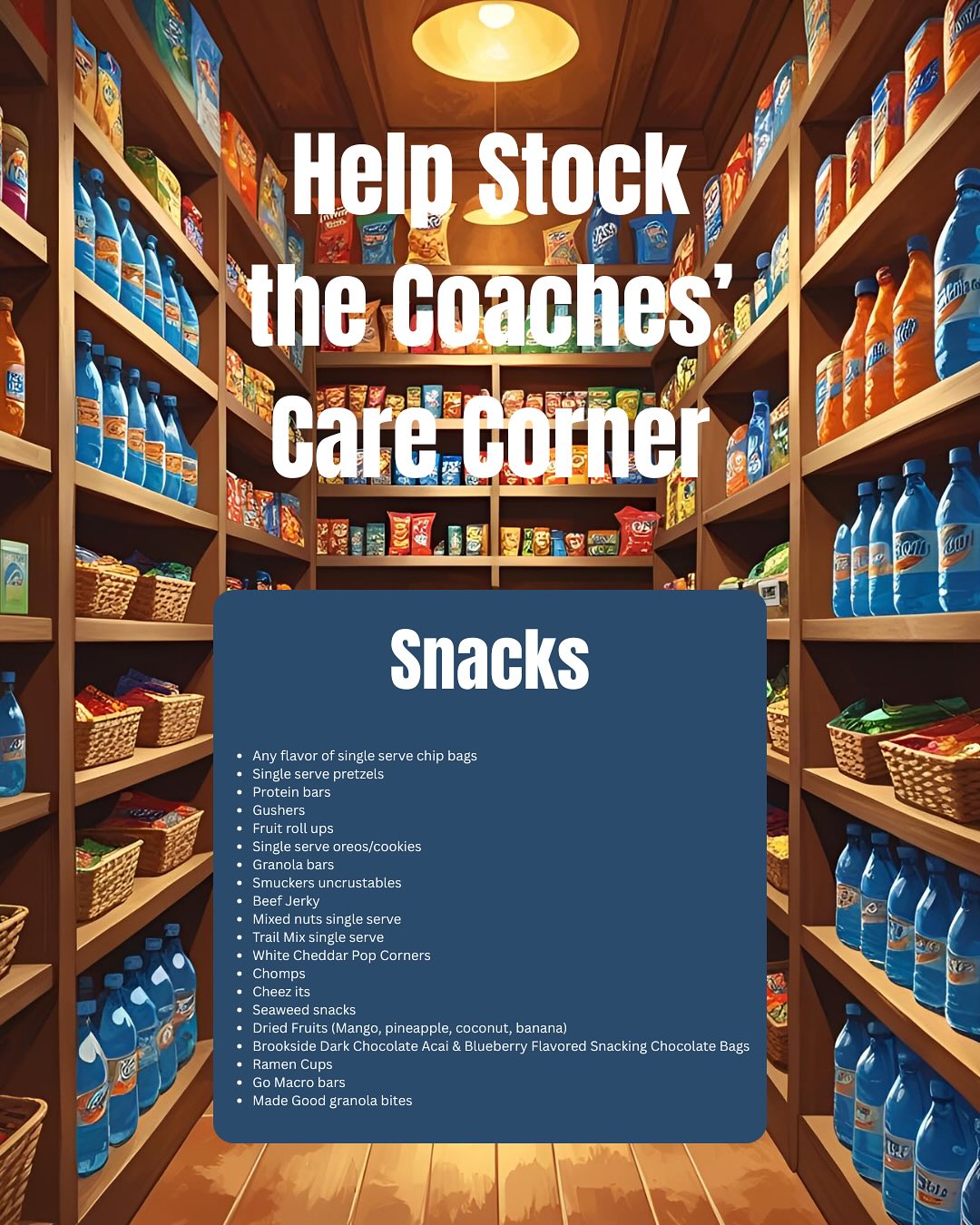Help keep our coaches going by donating snacks and drinks for their long days on campus! The link to sign up is in our bio.