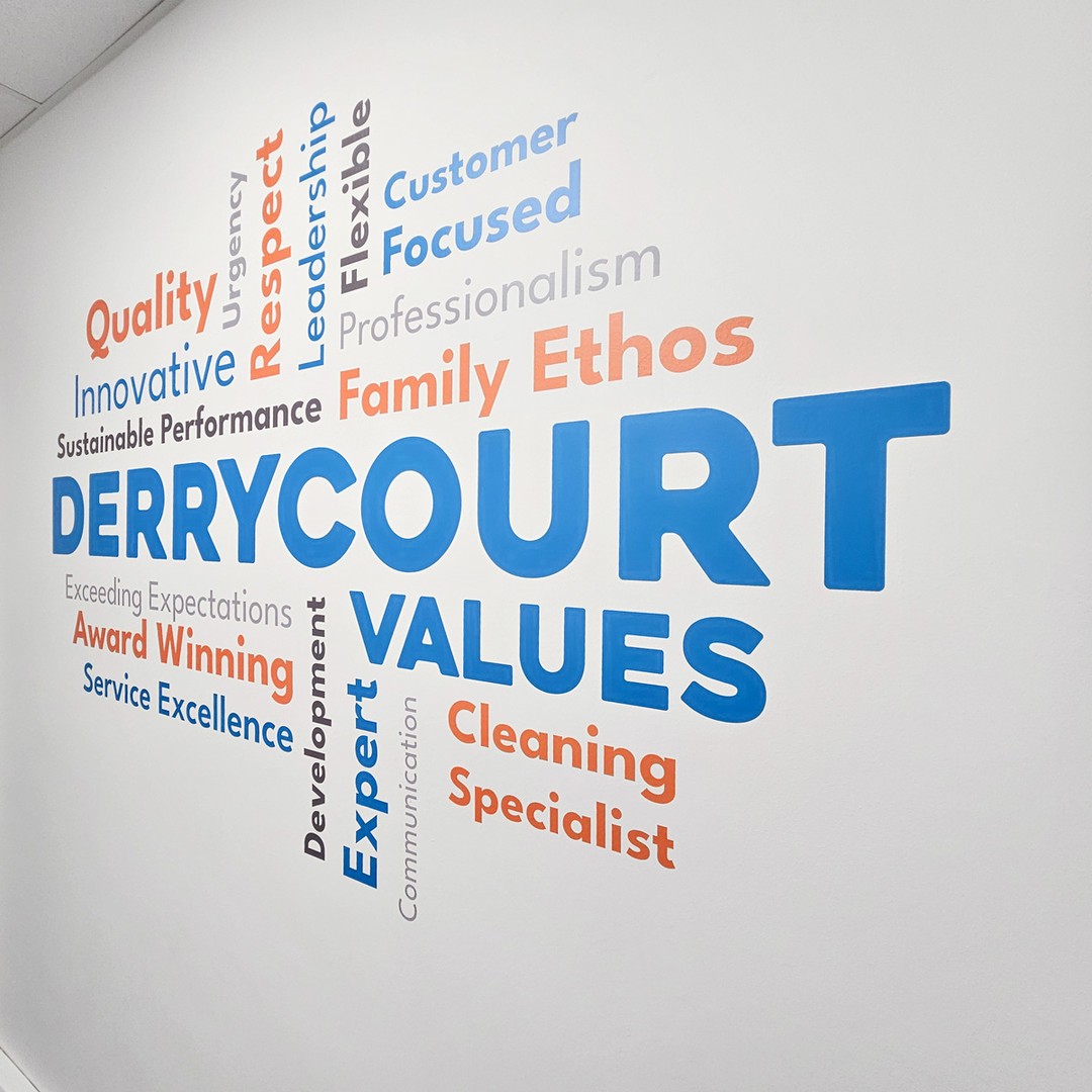 Here is a look at the interior branding we recently completed for DerryCourt Cleaning Specialists.
The goal of the project was to translate their established company culture into the physical workspace. Working closely with their marketing department, we developed a series of environmental graphics to create a cohesive and motivating atmosphere for their team. This included custom wall vinyl that communicates their core values and defines collaborative zones.
For the office partitions, we applied precision-cut frosted vinyl graphics to provide privacy and delineate space without restricting the flow of natural light.
Thank you to the team at Derrycourt for your trust and collaboration on this comprehensive project.
#BrandedEnvironments #OfficeBranding #InteriorSignage #WallGraphics #FrostedVinyl #EnvironmentalGraphics #CompanyCulture #WorkspaceDesign #Dublin #IrishBusiness #BrandmarkSigns