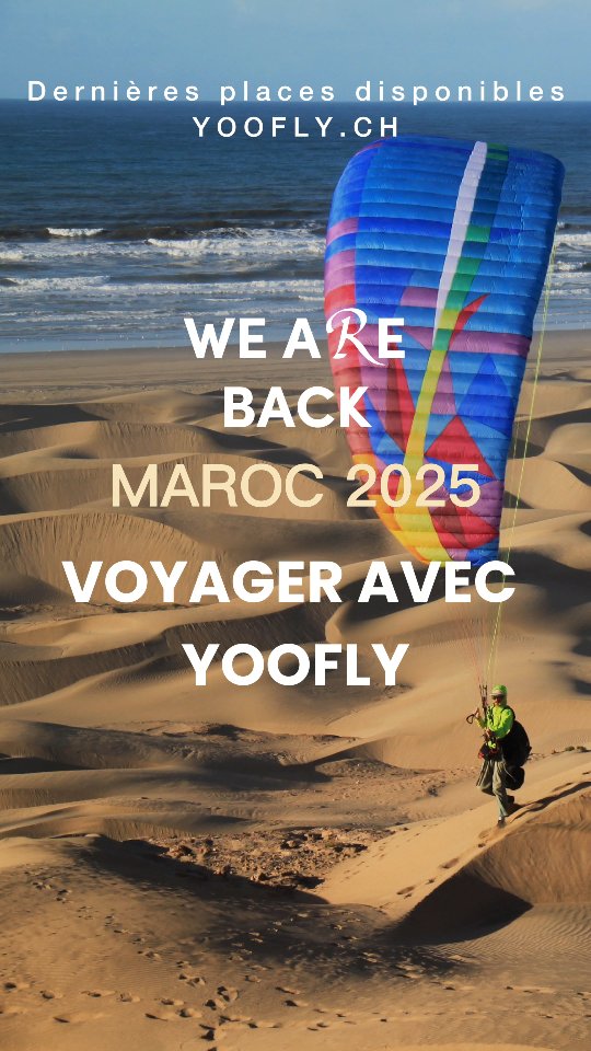 Dernières chances pour nous rejoindre pour 10 jours de Soaring au Maroc 🪂
16 au 25 octobre 2025 - CHF 1380
26.10 au 02.11 - COMPLET
Inclus:
Demi-pension à Mirleft chez @damienlecire, transfert depuis/vers l'aéroport, déplacements sur les sites de vols, petits groupes, 1 guide pour 4 personnes maximum.
Et Voiles de gonflage mises à disposition afin de préserver vos belles voiles. Des heures de travail au sol garanties 🪂🕺🏽
Toutes les infos sur YOOFLY.ch
