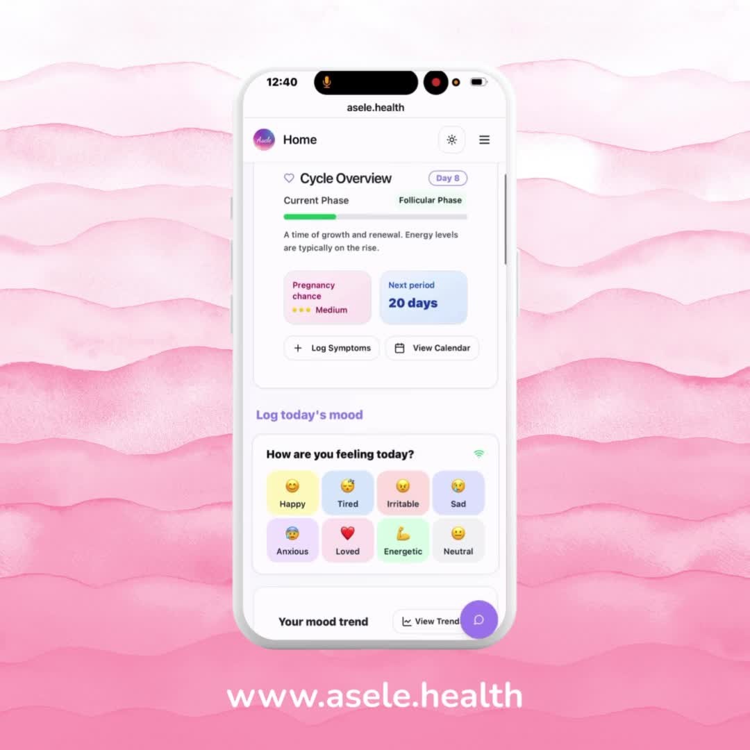 Feeling off but can’t explain it? It might be your cycle — not your attitude.
Your body moves in rhythms. And when you start tracking them with Asele, things start clicking:
💗 You understand your moods
💗 You stop feeling guilty for resting
💗 You stop fighting your body and start flowing with it
Asele helps you track your symptoms, plan around your energy, and take charge of your health — one cycle at a time.
📲 Access the Asele web app on www.asele.health, it works beautifully on any device. Start syncing with your real rhythm today!
#Asele #PeriodTracking #WomensHealth
