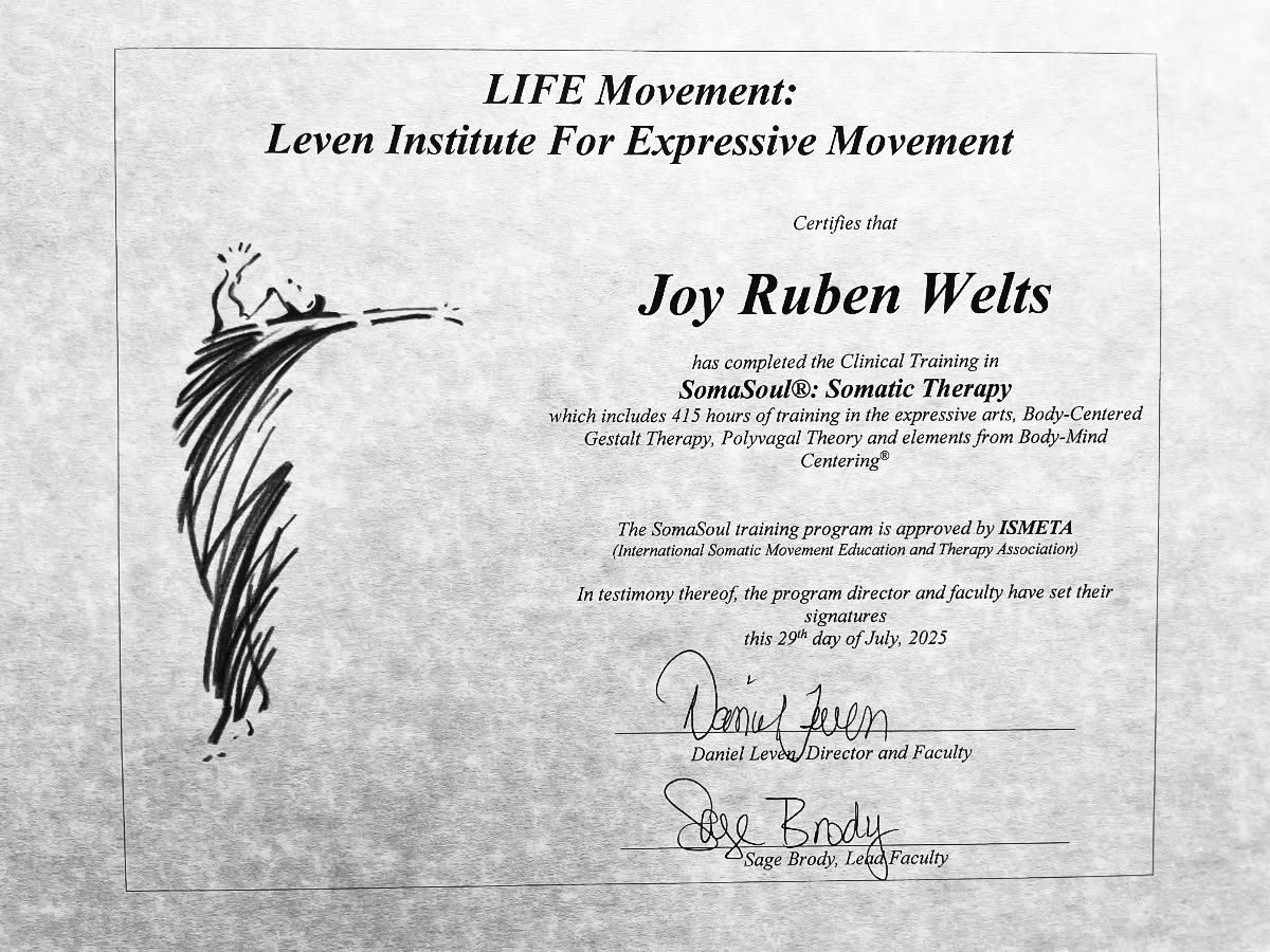 Grateful to have completed the 2-year SomaSoul® Somatic Therapy training program at @leven_institute . This training was intensive and personal in the most meaningful ways. It’s somatic and attachment-based. A SomaSoul® session would include feeling sensation in the body and then working with sensation using things like presence, breath, reflection, drawing, writing, moving, or imagining. The patterns that bring us to psychotherapy live in our bodies, our nervous systems, and our implicit (non-verbal, unconscious) memories. Somatic and Expressive Arts Therapies access those patterns at those deep levels and bring healing and transformation to them. For me, while I was a student in this program, I felt a lot of support to be seen and held by others in my vulnerability, my fears, my joys- my full emotional aliveness. As a therapist, this is the kind of therapy I attend for myself. I recommend this program every chance I get. 💖