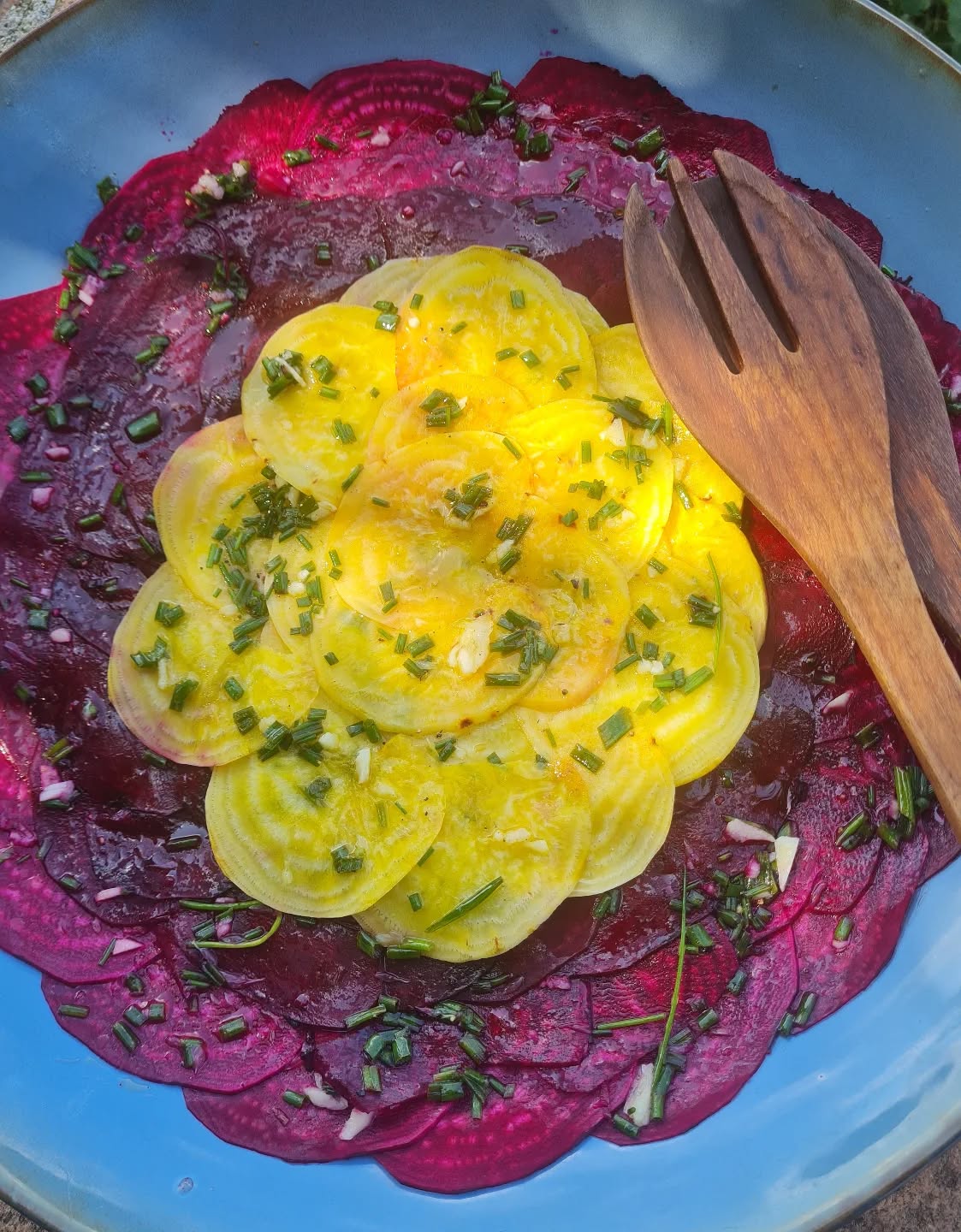Full of colour beetroot carpaccio, so simple to prepare😎. Slice the beetroots very thinly and drizzle with olive oil, lemon juice, garlic, chives, salt and pepper. Thank you, François and Virginie, it was delicious! @frankyyydk
#deliciousfood #eatwhatyougrow #growwhatyoueat #summerfood #veggie #frommygarden #beetroot #carpaccio