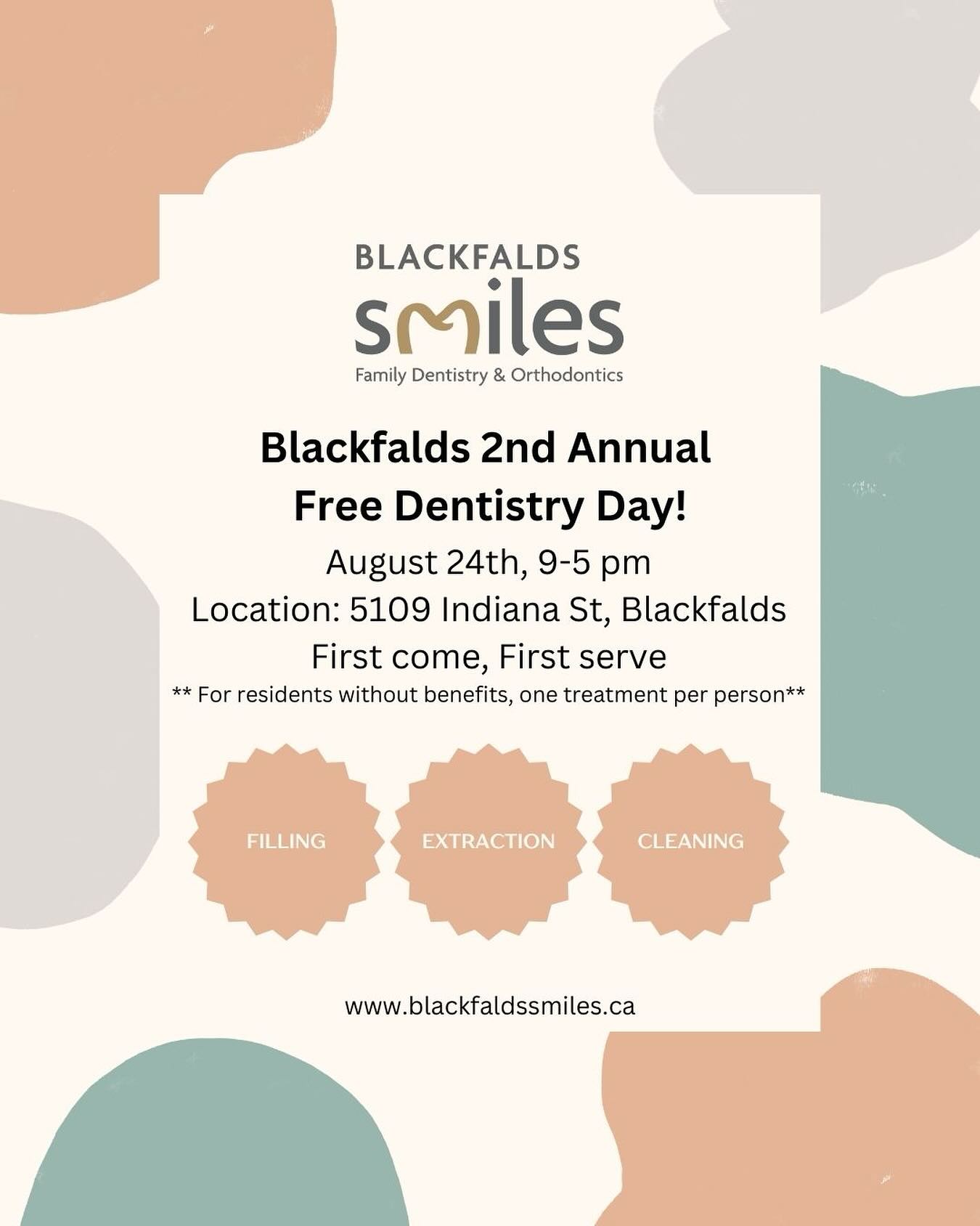 We are back at it again! Our 2nd Annual Free Dentistry Day is coming back to the Blackfalds Community. We believe that as a community driven dental office , it is important to treat the oral health of our whole community.
Details below๐
โจ๏ธSunday August 24th 9-5pm
โจ๏ธOpen to the residents of Blackfalds who do not have dental benefits
โจ๏ธFirst come, first served
โจ๏ธOne basic treatment provided is a cleaning or extraction, or filling.
Any questions feel free to give us a call at 587-507-5399 or send us a message!