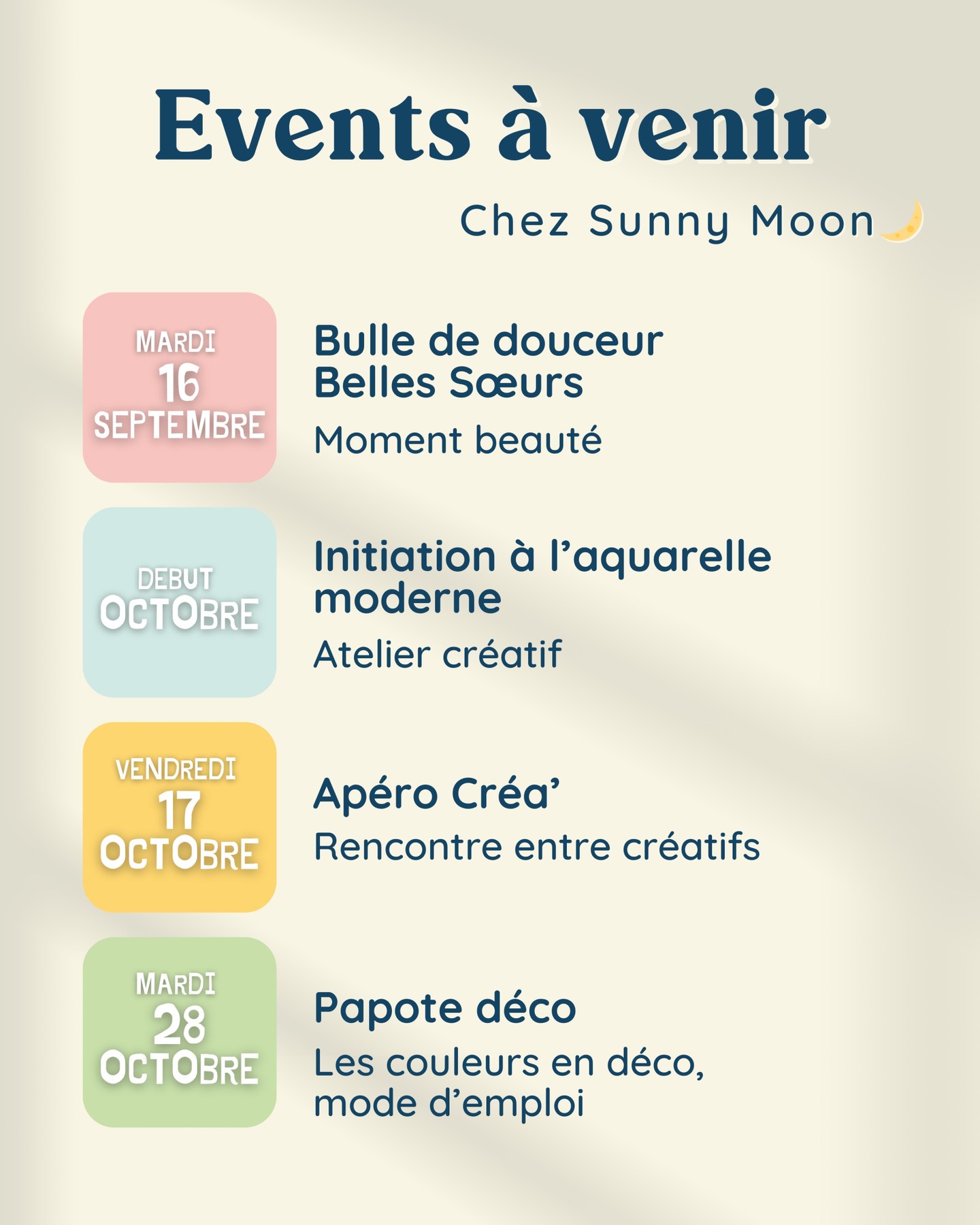 🍂 L’automne arrive, et avec lui un programme plein de belles rencontres et de créativité ! Je suis ravie de partager avec toi tous ces prochains évènements : certains reviennent, d’autres s’installent pour la première fois… 💛
✨ Bulle de Douceur – Belle Sœurs (2ᵉ édition, animée par @julieelisa_hypnose )
Un moment pour se recentrer et prendre soin de soi avec douceur et authenticité.
❌ 𝘼𝙩𝙚𝙡𝙞𝙚𝙧 𝙖𝙦𝙪𝙖𝙧𝙚𝙡𝙡𝙚 𝙖𝙣𝙣𝙪𝙡𝙚́
🎨 Atelier créatif – Aquarelle moderne
Le tout premier atelier créatif que j’anime moi-même ! Une initiation pour découvrir la légèreté et la poésie de l’aquarelle, idéale pour se lancer et oser exprimer sa créativité.
🥂 6ᵉ édition de l’Apéro Créa
On se retrouve pour une nouvelle soirée conviviale entre passionné·es d’art, d’artisanat et de loisirs créatifs. Chaque édition réserve de belles découvertes, et celle-ci ne fera pas exception !
🌈 Les Papotes Déco – animé par @lamaison.demma
Les couleurs te tentent mais tu n’oses pas ? Cet atelier est fait pour toi ! Ensemble, on découvrira comment elles influencent ton bien-être et l’ambiance d’une pièce. Tu repartiras avec des conseils concrets et inspirants pour mettre plus de couleurs chez toi, en toute confiance.
✨ Les détails arrivent très vite, certaines places seront limitées. Pense à enregistrer ce post pour ne rien oublier, partage-le aux ami·es intéressé·es et dis-moi en commentaire quel événement te tente le plus !