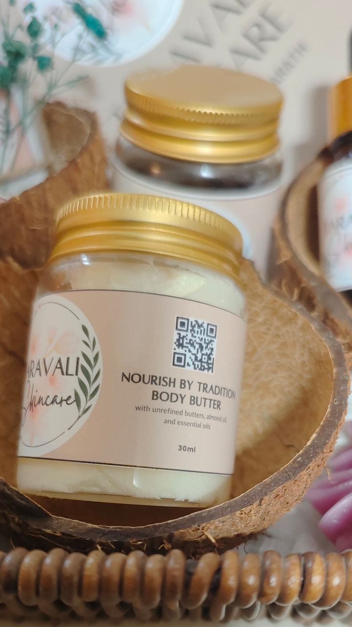 Nourish by Tradition Body Butter 😍
This isn’t your everyday lotion.
It’s richer, deeper, and made to stay with you through every season.
A scoop of this works as a hand cream when your palms feel dry, a foot cream that softens cracks, and even a monthly hair mask when your strands need old-school care.
No coconut oil, no fillers, no preservatives. Just a pure, traditional blend of ingredients passed down with care.
I chose to pack it in soft, imperfect scoops instead of flat, factory-styled swirls. To me, that’s what makes it feel like home. A little messy maybe, but filled with love, patience, and nourishment.
And when you open the jar, the aroma wraps not just your skin, but your whole space in calm.
Because traditions aren’t meant to be polished. They’re meant to be lived ♥️
With gratitude,
Lakshita Bharath