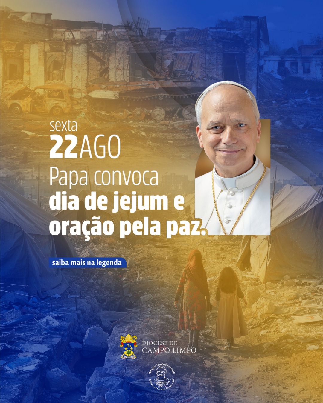 Diante dos conflitos na Terra Santa, na Ucrânia e em tantas regiões do mundo, o Papa Leão XIV nos chama a um gesto concreto: no dia 22 de agosto, façamos jejum e oração pela paz. Em suas palavras: “Maria, Rainha da Paz, interceda para que os povos encontrem o caminho da paz.”
#JejumEOração #PelaPaz #MariaRainhaDaPaz #PapaLeãoXIV #oração #penitencia #paz