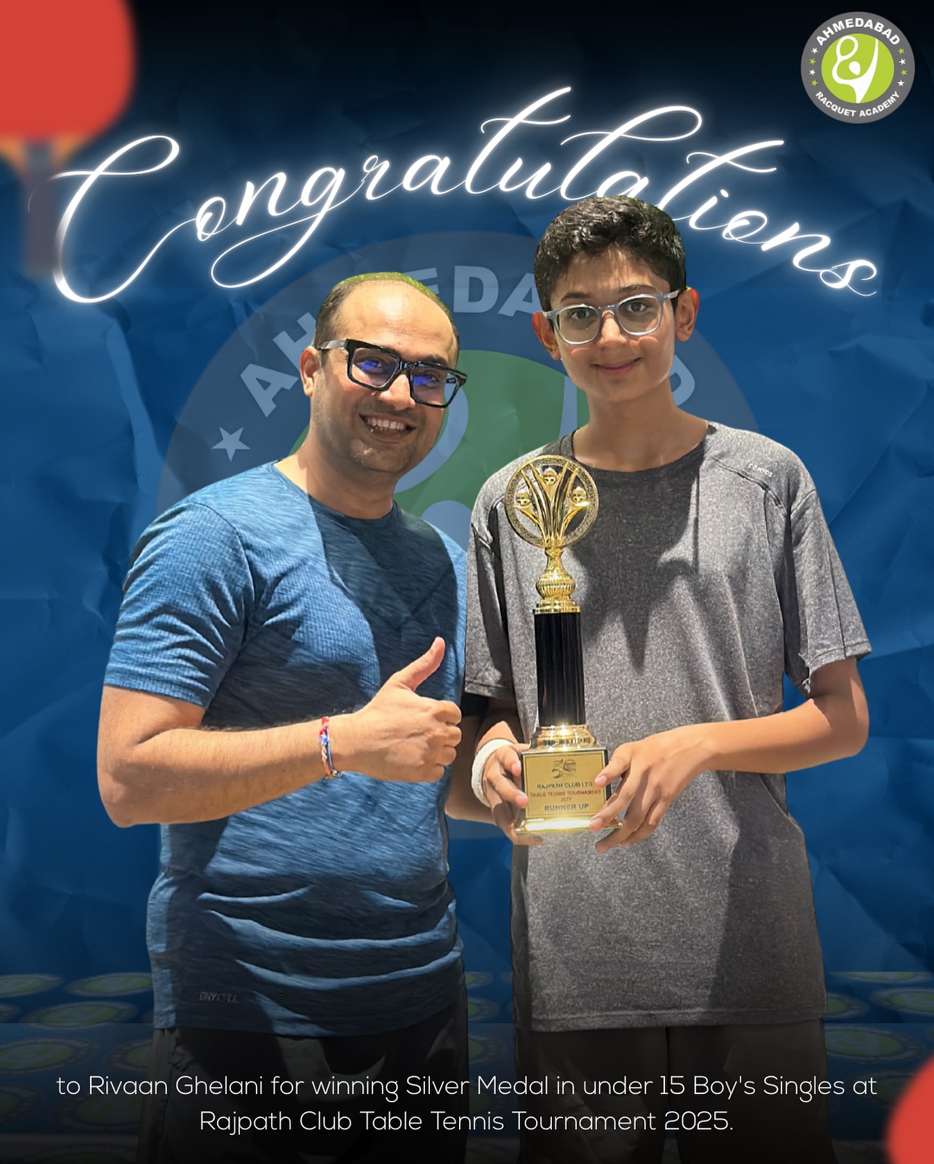 🥈✨ Congratulations to Rivaan Ghelani for clinching the Silver Medal in the Under-15 Boys’ Singles at the Rajpath Club Table Tennis Tournament 2025! 🏓🔥
Your hard work and dedication truly shine — this is just the beginning of many more victories ahead! 💪🏆
#AhmedabadRacquetAcademy #TableTennis #FutureChampion #ProudMoment #SilverMedal #RajpathClub #DedicationPaysOff