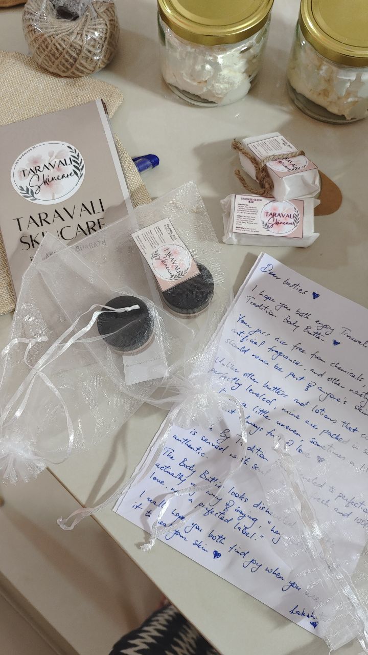 Today I sent two jars of Nourish by Tradition Body Butter to my bestie @soumyasubhadra ♥️
We’ve never met, but the moment we spoke, I knew this butter had already found its home 🥰
There’s something beautiful about making products not just as orders, but as connections. Every jar I create is more than skincare, it’s a piece of care, intention, and friendship!
I even tucked in a handwritten note! Every product is THAT special for me! 🫶
For me, Taravali has never been about sending many orders. It’s always been about sending a few, but with soul. Always.
Made at home, with intention. For you. Always. 🕊️
With gratitude,
Lakshita Bharath