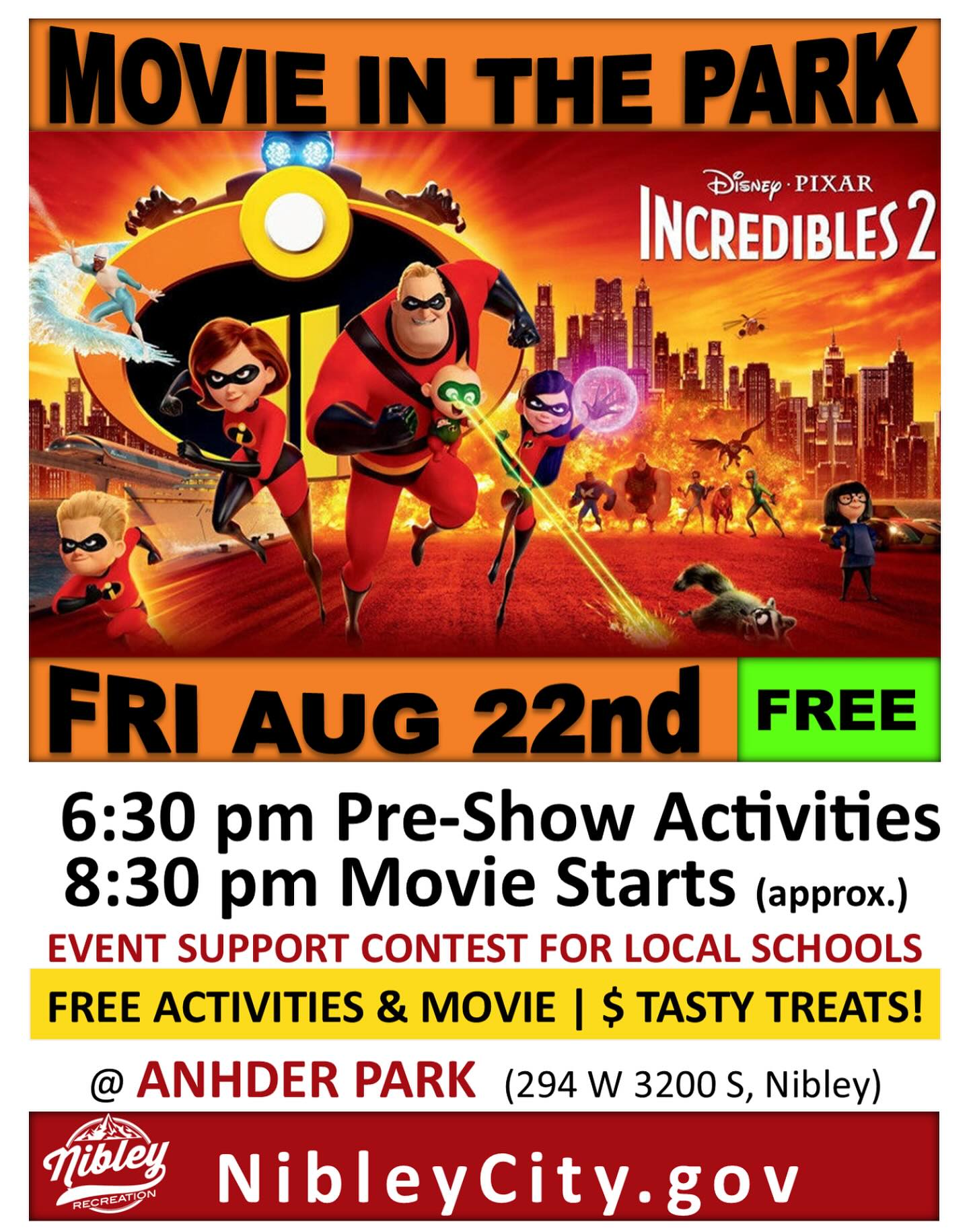 🍧✨ Movie night just got sweeter! ✨🍧
Catch us at Nibley’s Movie in the Park this Friday, Aug 22nd at Anhder Park! 🎬 We’ll be serving up our refreshing shave ice before and during the showing of Incredibles 2.
🎉 Free activities + tasty treats + a summer movie under the stars = the perfect night out! 🌙💛
👉 Come early at 6:30 for pre-show fun and grab your favorite Tiny’s shave ice before the movie starts at 8:30.
#TinysShaveIce #MovieInThePark #NibleyEvents #ShaveIceTime #FamilyFun #nibleyut #loganutah #cachevalleyutah #cachevalley #cachevalleyfoodies