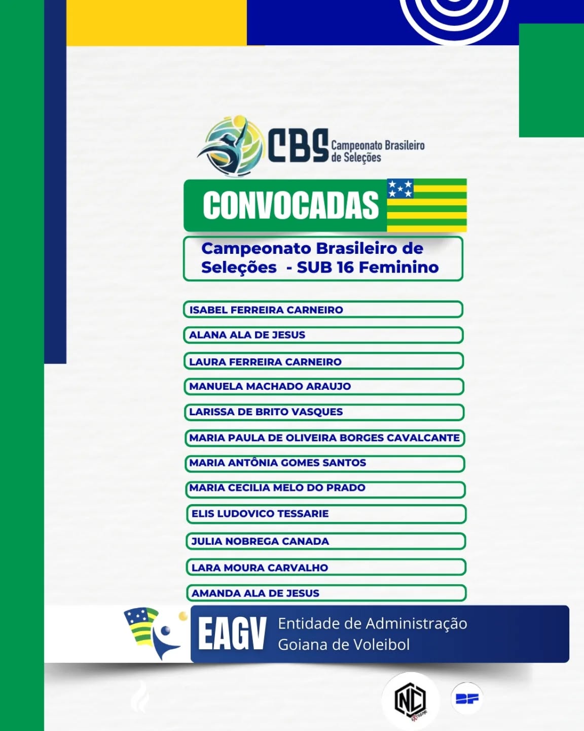 🏐 Convocadas!
Cada treino, cada suor derramado e cada obstáculo superado trouxeram nossas atletas até aqui. Ser chamada para vestir a camisa da Seleção no Campeonato Brasileiro de Seleções não é apenas um título… é o reconhecimento de todo o esforço, dedicação e paixão pelo voleibol.
A EAGV – Entidade de Administração Goiânia de Voleibol tem orgulho imenso em ver o talento e a determinação dessas jogadoras que agora representam não só seus times, mas todo o nosso estado.
Mais do que nomes em uma lista, são histórias de superação, disciplina e amor pelo esporte. E cada uma delas merece estar aqui!
👉 Vamos juntos torcer por nossas convocadas!