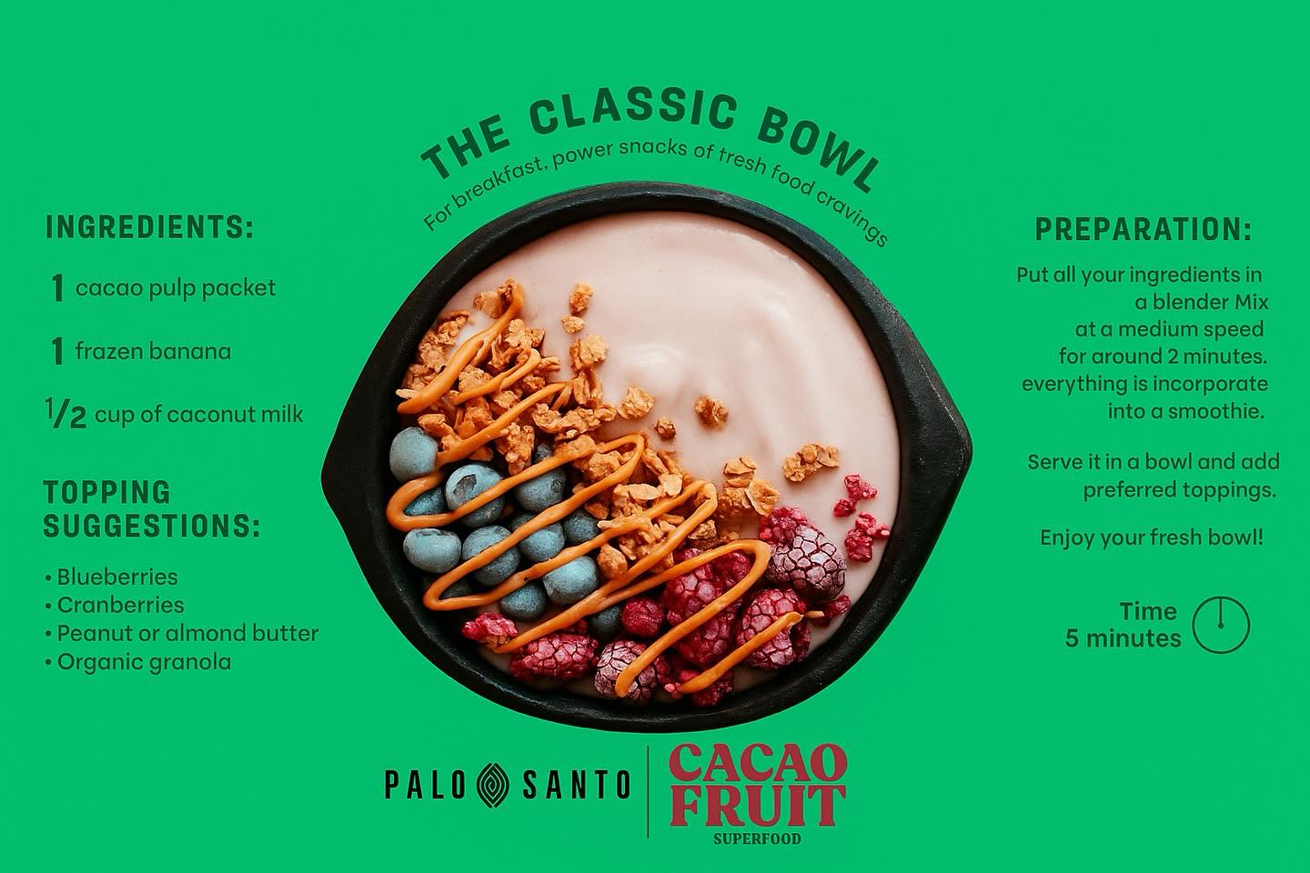 πβ¨ Palo Santo Recipes
The Classic Bowl
Ingredients:
β’ 1 cacao pulp packet
β’ 1 frozen banana
β’ 1/2 cup coconut milk
Topping suggestions:
β’ Blueberries π«
β’ Cranberries π
β’ Nut butter π₯
β’ Organic granola πΎ
β
Ready in 5 minutes
β
Creamy, citrusy & naturally sweet
β
Perfect for breakfast or a power snack π±π
Discover the freshest side of cacao π
#PaloSantoRecipes #CacaoFruit #CacaoPulp #SmoothieBowl #HealthyFood #ExoticFlavors #Superfoods #ecuadorcacao #haciendapalosanto
