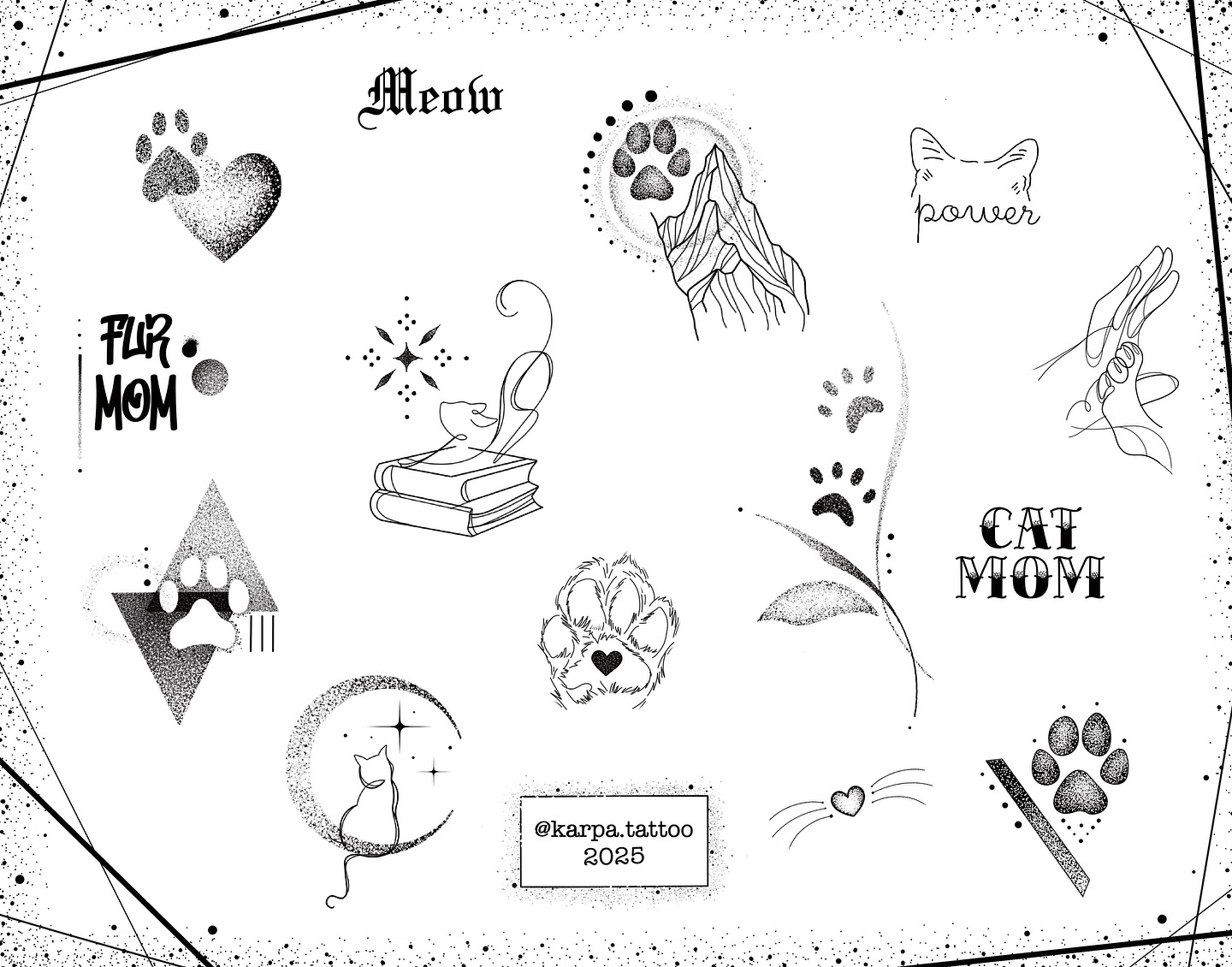 Available flash designs from each artist for our upcoming event with @catspgh this Saturday from 2-6 at Duck Duck Tattoo Studio! 😺 Designs will vary in price so that there’s something for every budget, and part of the proceeds will go to Cats N’At! Also, don’t forget that there will be cats available for adoption, so if you are in the market for a cat and/or a tat, we hope to see you there 🥰🫶 Placement will be for arms and legs only to get in as many of you cool cats as we can!