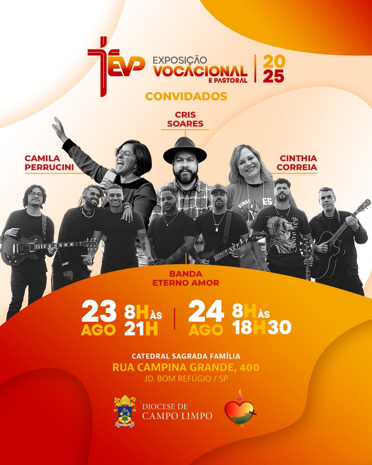 Tá chegando! Muitos carismas, música, espiritualidade e claro a sua presença!
Exposição Vocacional e Pastoral – "Peregrinos porque Chamados"
Somos todos peregrinos em busca de sentido, de propósito, de respostas...
E é nesse caminho que Deus nos chama!
Nos dias 23 e 24 de agosto, venha participar da Exposição Vocacional e Pastoral e descubra mais sobre os diversos caminhos que nascem do chamado de Deus: vida religiosa, leiga, sacerdotal, matrimonial e muito mais.
Será um momento de encontro, escuta, partilha e inspiração em nossa @diocesedecampolimpo
📍 Data: 23 e 24 de agosto
📍 Tema: Peregrinos porque Chamados
📍 Local: Catedral Sagrada Família - Rua Campina Grande,400 - Jd. Bom Refúgio / SP - CEP: 05788-250
Venha caminhar conosco nessa experiência transformadora!