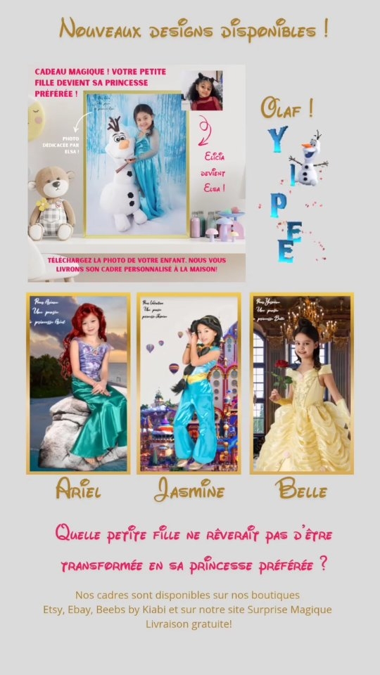 👑✨ Et si votre petite fille devenait sa princesse préférée ? ✨👑
Imaginez son sourire quand elle se verra en Jasmine, en Ariel la Petite Sirène, en Belle, ou encore aux côtés de Elsa & Olaf ❄️… un vrai moment magique à accrocher dans sa chambre 🖼️💖
🎁 Cadre personnalisé + livraison gratuite = le cadeau parfait !
📍 Dispo sur :
🛍️ Beebs by Kiabi
🛍️ eBay
🛍️ Etsy
🌐 ou directement sur : www.surprisemagique.fr/boutique-de-cadeaux
💫 Offrez-lui plus qu’un cadre… offrez-lui SON conte de fées 💫
#cadrepersonnalisé #CadrePhotoMagique #cadrephoto #cadredeco #Jasmine #ariel #elsafrozen #olaf #surprisemagique #Belle #PrincesseDisney #disneyphoto #disneyprincess #cadeauanniversaire #cadeau #CadeauOriginal #ideecadeau #anniversaireenfant #pourtoi