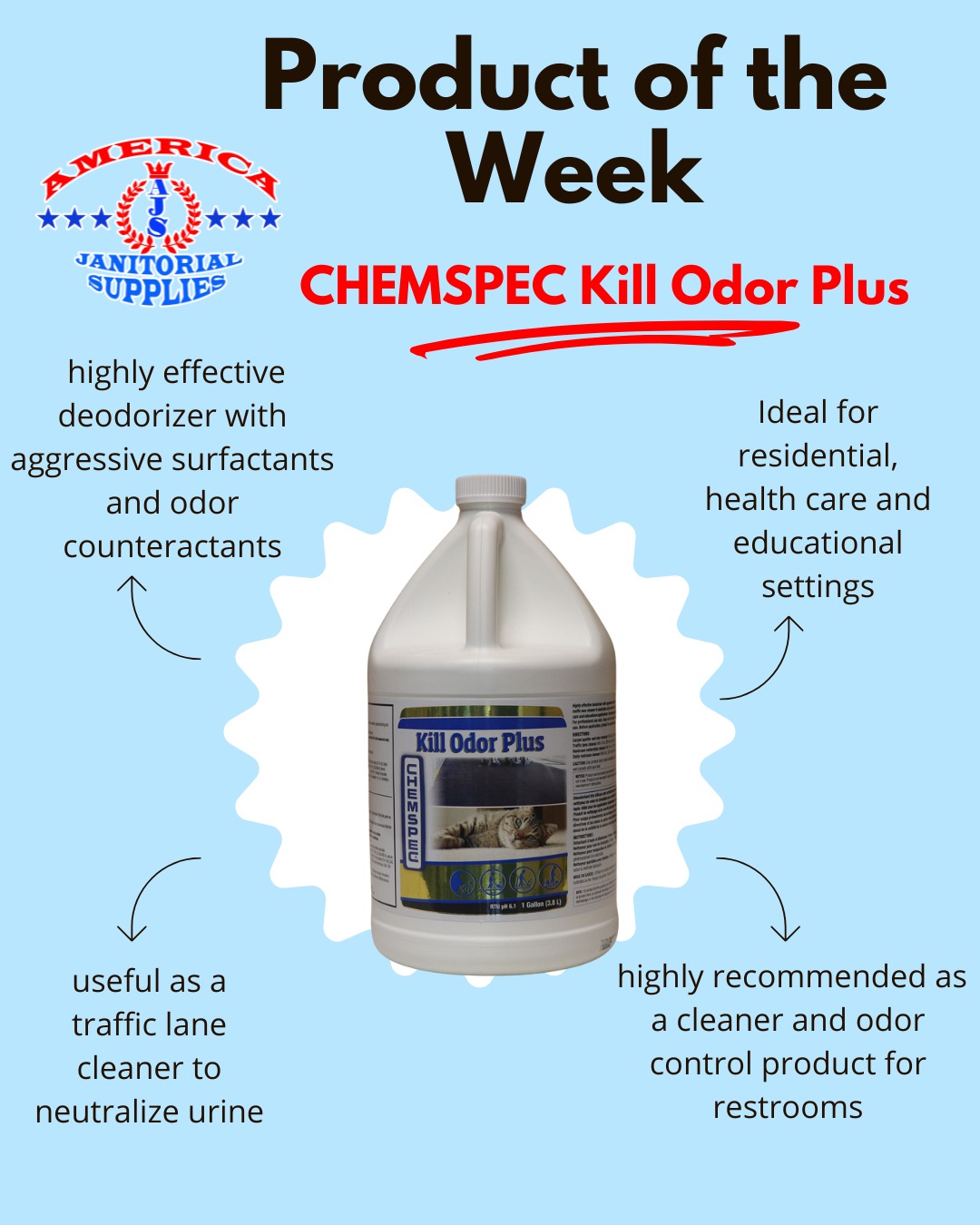 Say goodbye to tough odors! CHEMSPEC Kill Odor Plus doesn’t just mask smells, it eliminates them at the source. From carpets to restrooms, this powerhouse works as both a traffic lane cleaner and a deodorizer, tackling even stubborn urine and organic odors. Perfect for residential, healthcare, and educational settings.
✨ Cleaner carpets. Fresher air. Better first impressions.
#ProductOfTheWeek #WeKeepItClean #JanitorialSupplies #OdorControl #FacilityCare