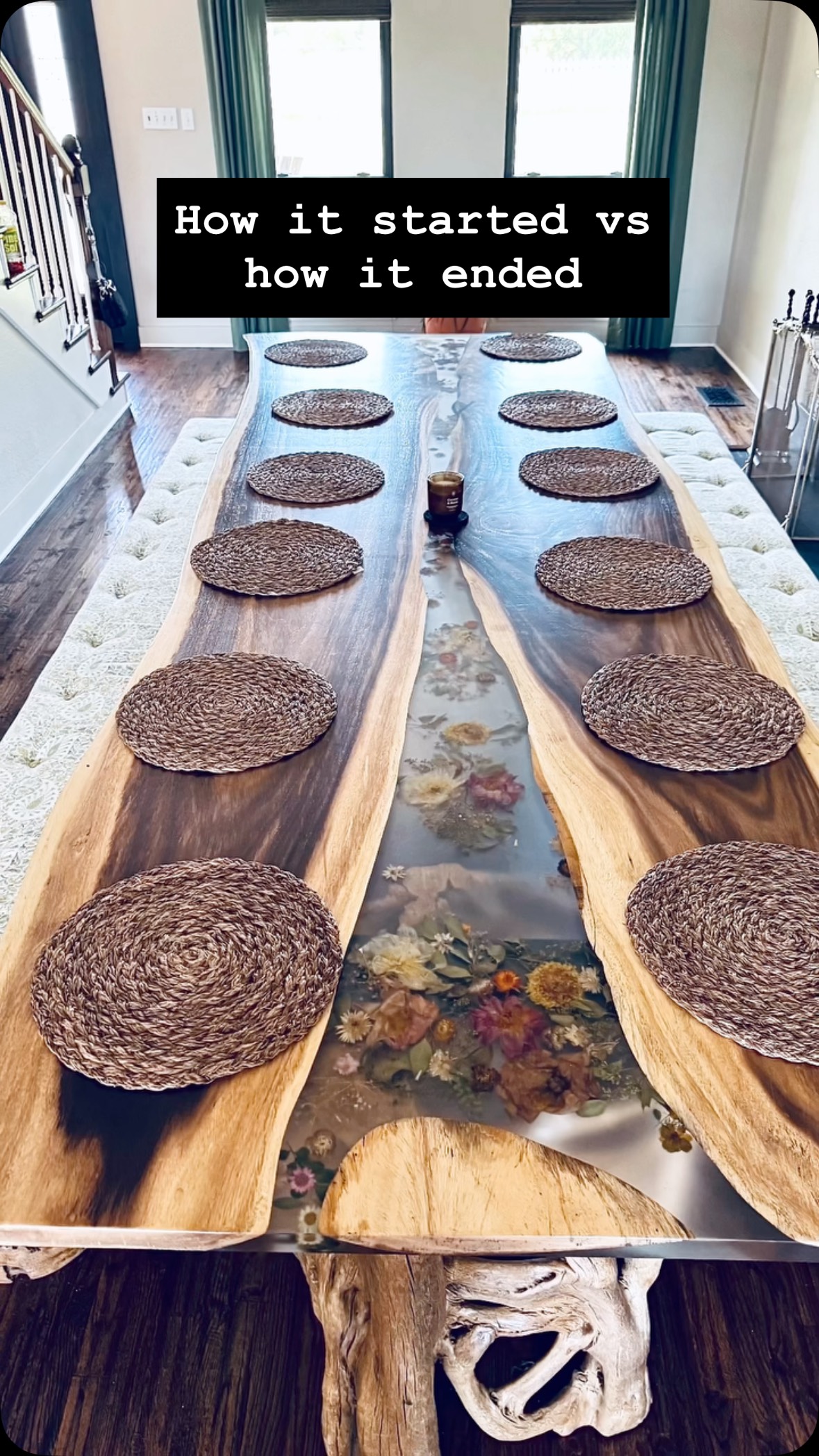 Would you add this to your home? Peonies might just be my new favorite flower—and pairing them with monkey pod from Costa Rica, brings so much warmth and character to this space. #autumnvibes #customfurnituredesign #epoxyart #liveedge