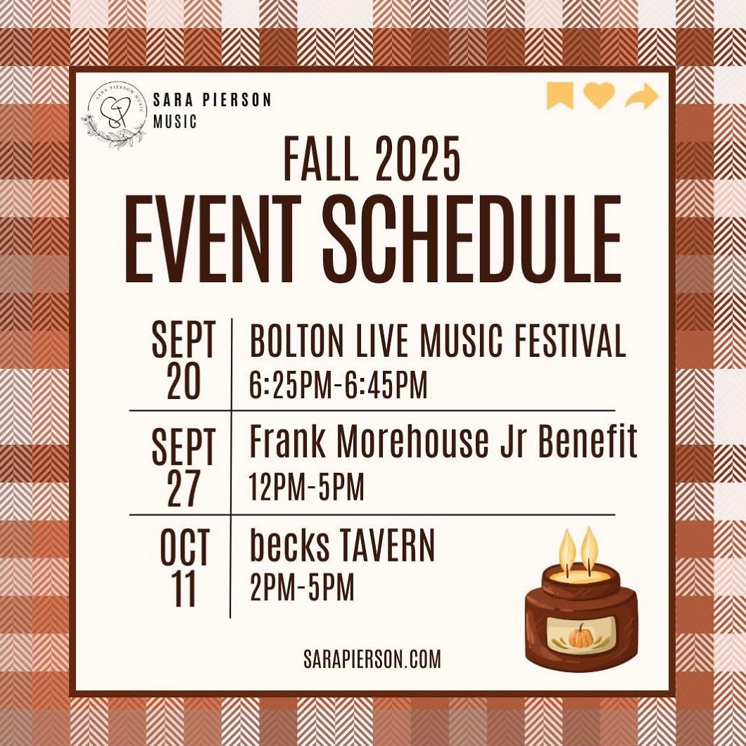 Fall 2025 Gig Schedule is HERE!
I can’t begin to tell you how excited I am for this fall line-up—I’ll be playing at some brand new locations I’ve never been to before, and I’m honored to be part of a special benefit that’s close to our community’s heart. I’d love to see you out there!
September 20 – Bolton Live Music Festival | 6:25–6:45PM
September 27 – Frank Morehouse Jr. Benefit | 12–5PM
October 11 – becks TAVERN | 2–5PM
More shows are being added all the time, so keep an eye out for updates!
Check out the full schedule (and any new gigs!): link in bio!
Come out, enjoy the fall vibes, and let’s make some music together!