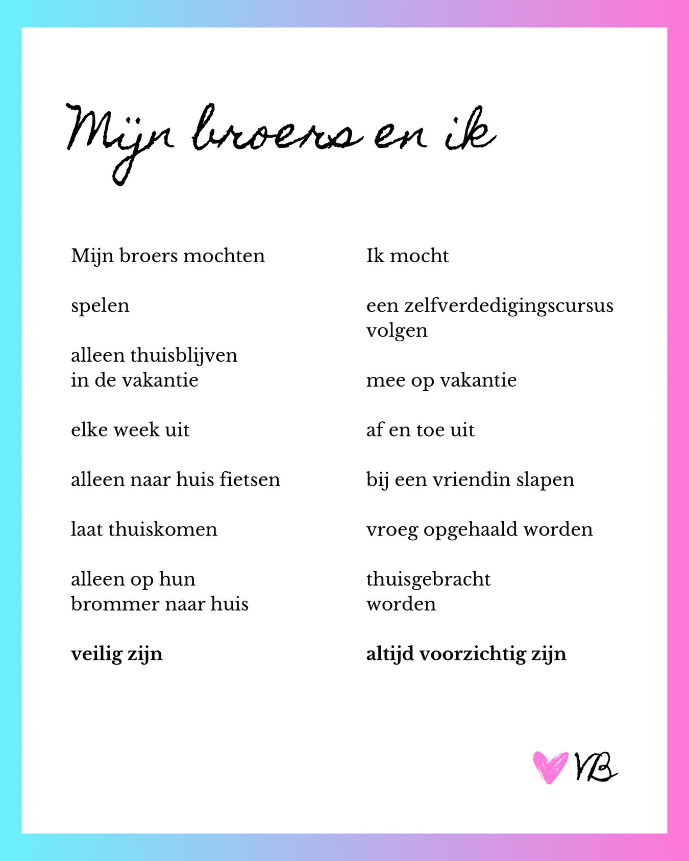 Het is niets nieuws. Maar wanneer wordt het iets ouds?
👱🏼♀️👱🏼♀️👱🏼♀️
Mijn broers mochten
spelen
alleen thuisblijven in de vakantie
elke week uit
alleen naar huis fietsen
laat thuiskomen
alleen op hun brommer naar huis
veilig zijn
ik mocht
een zelfverdedigingscursus volgen
mee op vakantie
af en toe uit
bij een vriendin slapen
vroeg opgehaald worden
thuisgebracht worden
altijd voorzichtig zijn
👱🏼♀️👱🏼♀️👱🏼♀️
#stadsdichter #diedichters #gedicht #gedichtjes #dichten #dichter #dichtersvaninstagram #dichtersvaninsta #dichtersopinstagram #schrijfsels #woorden #woordkunst #poëzie #poezie #instapoëzie #poem #poetry #poetsofinstagram #schrijver #blogger #writer #writing #schrijversvaninsta #instaschrijver
