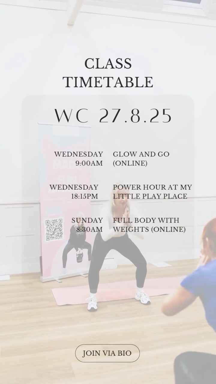 CLASS TIMETABLE WC 27.8.25
Next week, there’s no Mummy Movement next week as it’s Bank Holiday - however we have an extra online class on the weekend too!
💪Wednesday 27th 9:00am - GLOW AND GO (online via zoom)
A 30-minute cardio boost designed to light up your day. Gentle, mobility warm-up, energising intervals, and a relaxing cool-down leave you glowing — inside and out. Perfect for busy women who want a quick, effective class without the burnout.
💪Wednesday 18:15pm - POWER HOUR
Our class for everyone - the all in one workout designed to build strength, boost endurance and leave you feeling empowered from the inside out!
💪 SUNDAY 31.8.25 - FULL BODY WITH WEIGHTS (online class)
This is a 40 minute full body class, using dumbbells. You will need a pair of dumbbells and a mat for this great, full body workout.
Online classes are free for members of my platform or you can pay as you go too!
Booking can be made via my bio ! Hope to see you there! X
#Fitnesstelford #postnatal #telfordpt
#classtimetable #telford #telfordfitness #telfordmums #telfordmum