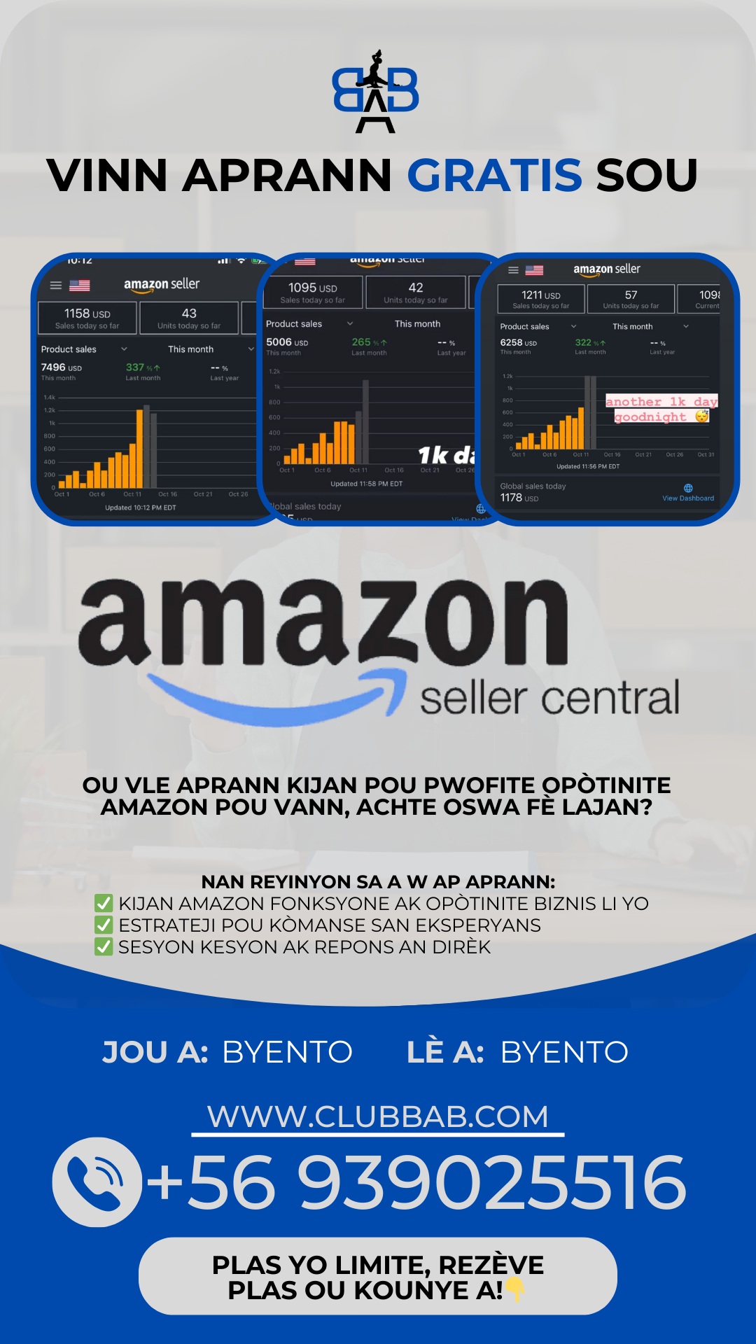 👨🏻💻Seminè online GRATIS Sou Amazon.
Fè klik nan lyen sa pou resève plas ou:
https://forms.gle/Tsk6dRpwWu5Gqow2A
📖Aprann kijan pou profite opòtinite AMAZON Pou vann, achte oswa fè lajan.
ekri 💬ENTÈRESE🔥 nan komantè pou'm voye lyen nan dm ou pou ou💥
www.clubbab.com
#amazonseller #kreyeopòtinite #vannsouamazon #amazonhaiti #vannsouentènèt #babclub #babinstitute #freedom #viraltiktokhaitian #haitiantiktok #ayisyentiktok #dijital