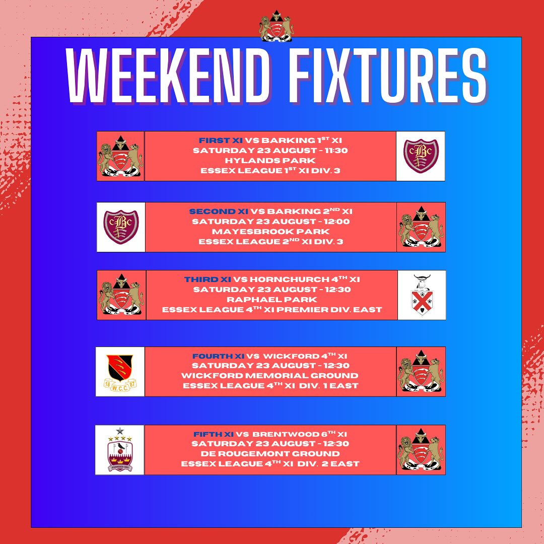 Week 16 Team News 📋
1s Vs Barking at Hylands Park 🏡
2s Vs Barking
3s Vs Hornchurch at Raphael Park 🏡
4s Vs Wickford
5s Vs Brentwood
Sunday XI travel to Bentley
