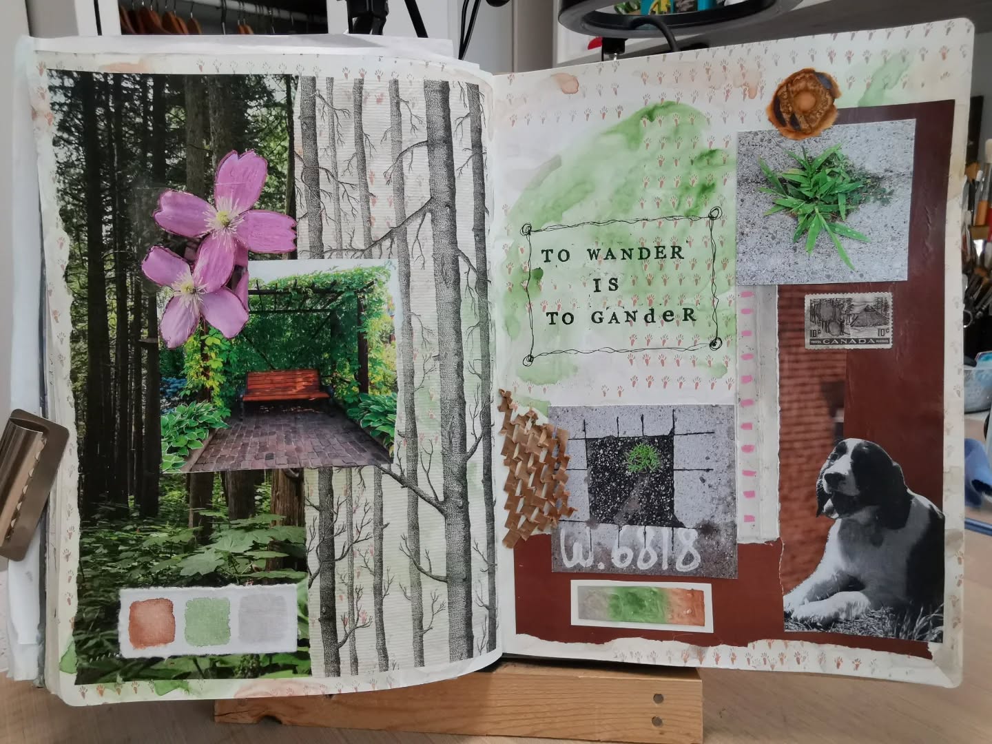 "To Wander is to Gander" a Wanderlust lesson by @raemissigman in the storytelling theme.
Last summer, I visited my niece and had the pleasure of walking her "hunting" dog named Gander. It's in an old part of Toronto, and on our many walks, I noticed weeds growing in the cracks.
I grabbed some collage papers and a stamp that matched the color palette. I looked up the stamp, and it's from 1950 for fur drying skins. This is appropriate because Gander hunts rabbits and pheasants with my niece! Finding this out had me smiling on the inside.
The flower is trimmed in foil. I used a Sakura Quickie Glue pen and TCW pink lemonade foil transfer sheet.
#wanderlust25class #eaclasses #everythingartuk
#arthabit #artjournal #artjournaling #dailypainting #artastherapy #doitfortheprocess #imadearttoday #carveouttimeforart #createeveryday #createarteveryday #makearteveryday #mixedmedia #mixedmediaart #mixedmediaartjournal #mixedmediaabstract #mixedmediajournal #makeart #mixedmediaartist #abstractartist