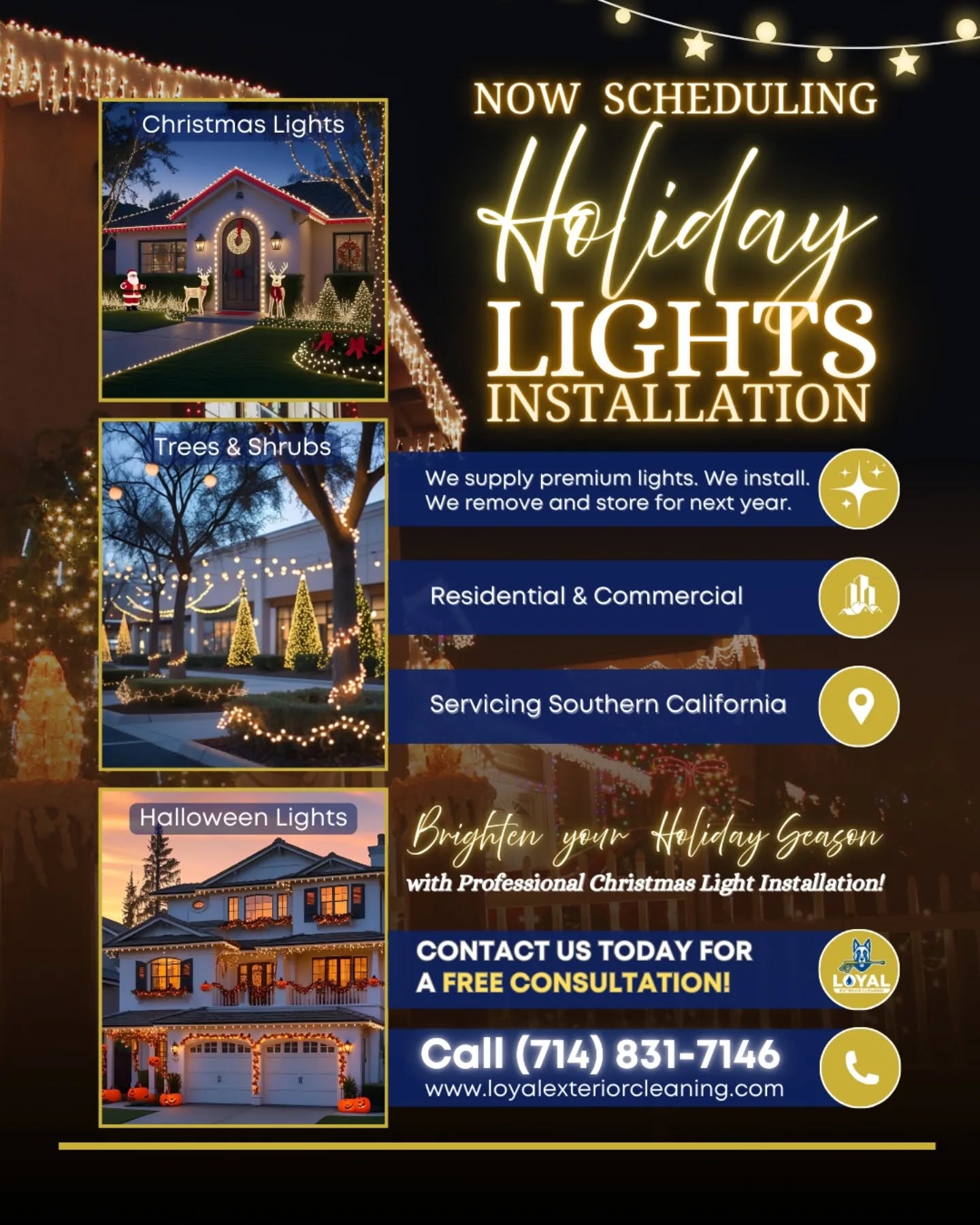 The “Ber” months are almost here, which means the holidays are just around the corner! 🎄🎃
✨ Make your home or business shine with professional holiday lights installation; Christmas, Halloween, trees, shrubs, and more.
We handle everything:
✔️ Supply premium lights
✔️ Safe & professional installation
✔️ Removal after the season
✔️ Storage for next year
Stress-free. Picture-perfect. 💡
👉 Would you go all out for Christmas or Halloween this year?
📲 Book early and enjoy a holiday season that truly sparkles!
❤️ Follow us for a FREE DESIGN CONSULTATION
📞 714-831-7146
🌐 Website link in bio
📝 Licensed. Insured. Safety-certified.
Our Services:
🏢 Window Cleaning | Building Washing | House Washing
💦 Pressure Washing | Roof Cleaning | Gutter Cleaning
🪟 Screen Repair & Replacement | Solar Panel Cleaning | Glass Restoration | Lights Installation
#loyalexteriorcleaning #pressurewashing #windowcleaning #roofcleaning #guttercleaning #softwashing #windowscreen #powerwashing #cleaningservices #buildingwash #residentialcleaning #commercialbuilding #luxuryhomes #socalrealestate #cleaningcompany #socal #losangeles #villa #orangecountyca #socalhomes #propertymanagement #realestate #propertymanagers #realtor #exteriorcleaning