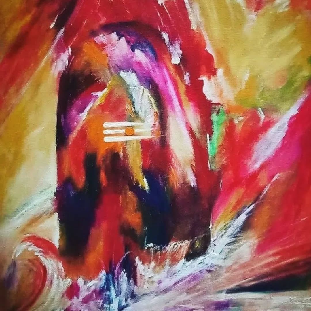 Shiv Shakti
Painting titled Shiv Shakti by Artist Rachna Rana -
We know lord Shiva as God of Destruction but in this painting multiple colors of shivlinga try to symbolizes Shiva as God of Joy and happiness and creation. The tripund ( Three horizontal strokes in white color mid of the Artwork) on shivlinga shows about his three daughters named Ashokasundari, Manasa and Jyoti. The colorful strokes across the shivlinga symbolizes Shakti ( Goddess of Power) , because where there is Shiva there must be Shakti. The entire painting symbolizes the Women Empowerment.
2. This painting was used as coverpage of Magazine which is published from Illinois, Chicago by Hindi Club of Illinois and inaugrated at Consulate general of Chicago-
Web link-
https://heyzine.com/flip-book/d83795d63a.htm