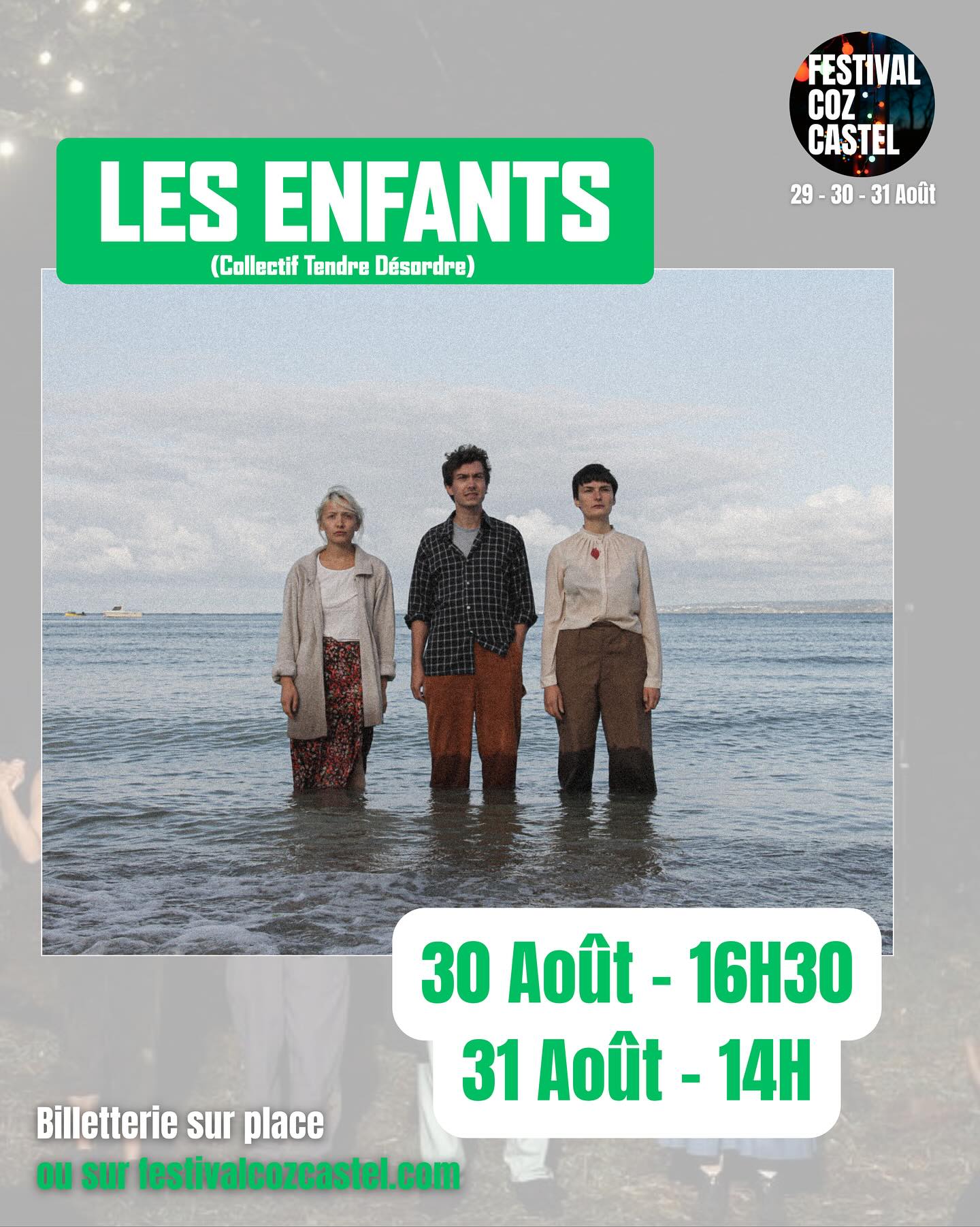 - THÉÂTRE -
SAMEDI 30 AOÛT - 16h30
DIMANCHE 31 AOÛT - 14h
——————LES ENFANTS———————
———-Collectif Tendre Désordre———-
Mise en scène de Clothilde Caie
Avec :
Geneviève Dang
Malou Decleire-Pambaguian
Tanguy Poullain
Texte : Lucy Kirkwood
Dans un monde où les catastrophes écologiques se multiplient, Hazel et Robin, un couple d’ingénieur.es nucléaires à la retraite, tentent de garder une vie saine à deux pas de la zone radioactive. Un beau jour, leur ancienne collègue Rose débarque chez eux après 38 ans d’absence, avec une annonce qui va chambouler leur destin : « J’y retourne. Travailler à la centrale. ».
Tiraillé.es entre leurs devoirs, leurs peurs et leurs vices, face à l’urgence de la situation les masques tombent et chacun doit choisir : tenter de rétablir la situation ou fuir loin du désastre.
https://www.youtube.com/watch?v=EeQFLCQ4zM0
@collectif.tendredesordre