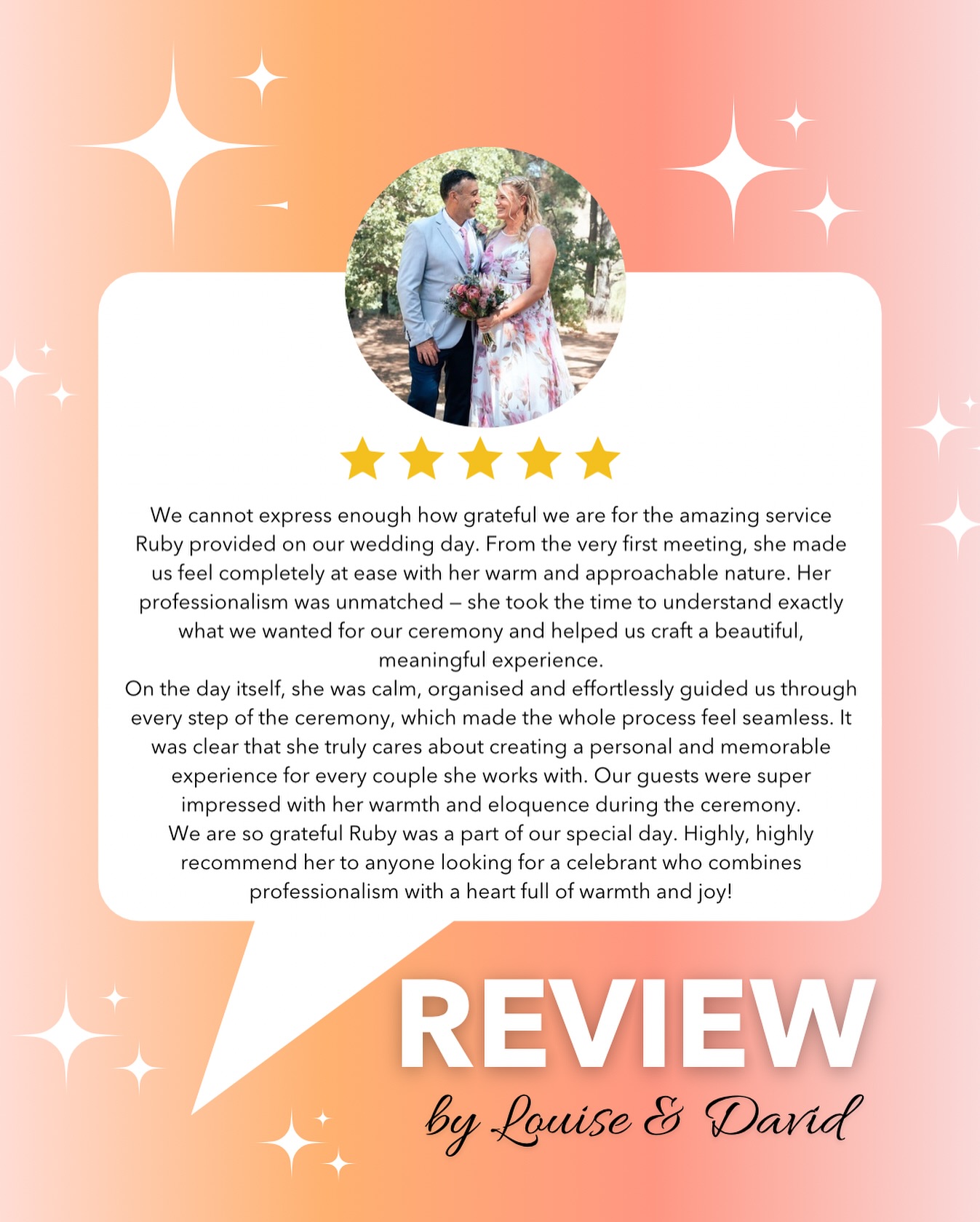 ⭐️⭐️⭐️⭐️⭐️ Review 💖
Thank you so much, Louise and David 🥲 I truly appreciate you taking the time to share such a lovely review.
Your feedback not only makes my job so much more enjoyable, it also reminds me why I’m so passionate about being a celebrant in the first place 💕
#melbournecelebrant #melbourneweddings #melbournewedding #melbourneweddingcelebrant