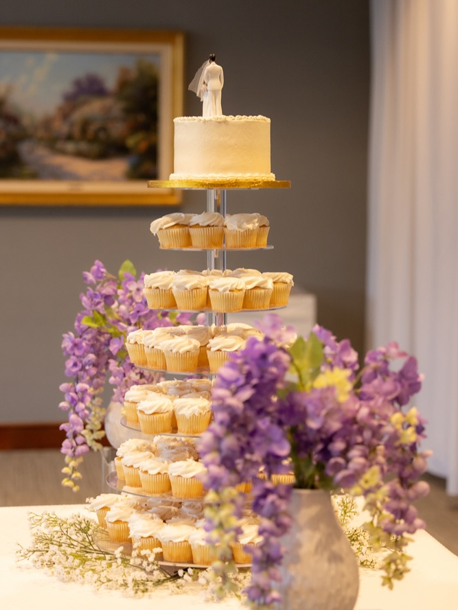 When the groom wants cupcakes instead of cake. You purchase the appropriate stand and order 100 cupcakes.