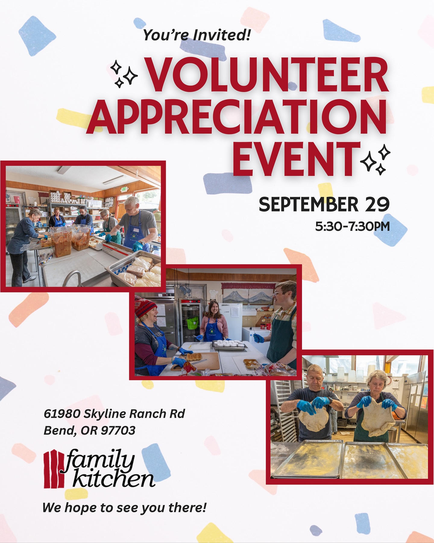 Our second favorite thing to do, after serving meals to our community, is to celebrate those who make it possible! That is why we are thrilled to invite you to our Volunteer Appreciation Event on September 29th! Join us from 5:30-7:30pm for food, games, prizes, and lots and lots of gratitude. It’s an honor to have the opportunity to recognize all the hard work our 450+ volunteers do every day to serve over 12,000 meals per month, so don’t miss it!
We’d also like to give a special shoutout to our business sponsors for the event: @pamperedmoose, @roundaboutbooks, @stickerlishious, and @benddentalgroup. Thank you for your support! ❤️
The Volunteer Appreciation Event will take place at Unitarian Universalist Fellowship (61980 Skyline Ranch Rd, Bend, OR 97703) on September 29th from 5:30-7:30pm. An RSVP is not required, but it would be helpful! Let us know if you’ll be joining by emailing Olivia at olivia@familykitchen.org or sending us a DM here. We can’t wait to celebrate with you! 🎉