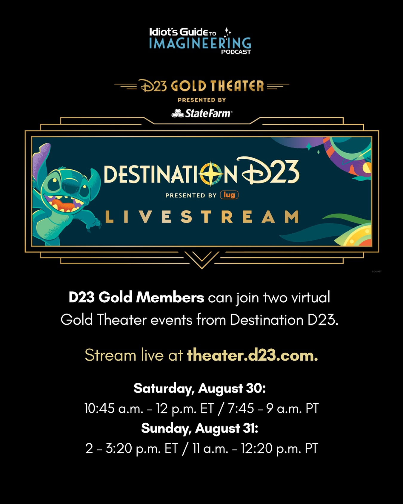 D23 Gold Members, tune in this weekend for select panels from Destination D23 streaming live in the Gold Theater. The Idiots will be joining virtually to watch along.
On Saturday, August 30, catch updates from D23’s Michael Vargo, a celebration of The Three Caballeros, Disney Legend X Atencio, and Disney on Broadway performances. On Sunday, August 31, stream Disney Channel favorites, Disney Around the Globe, and an insider look at Disney castles.
This live-only event is available exclusively for Gold Members at theater.d23.com. Don’t miss it!
#DestinationD23 #D23LiveStream #D23 #DisneyParks #DisneyImagineering #D23GoldMember