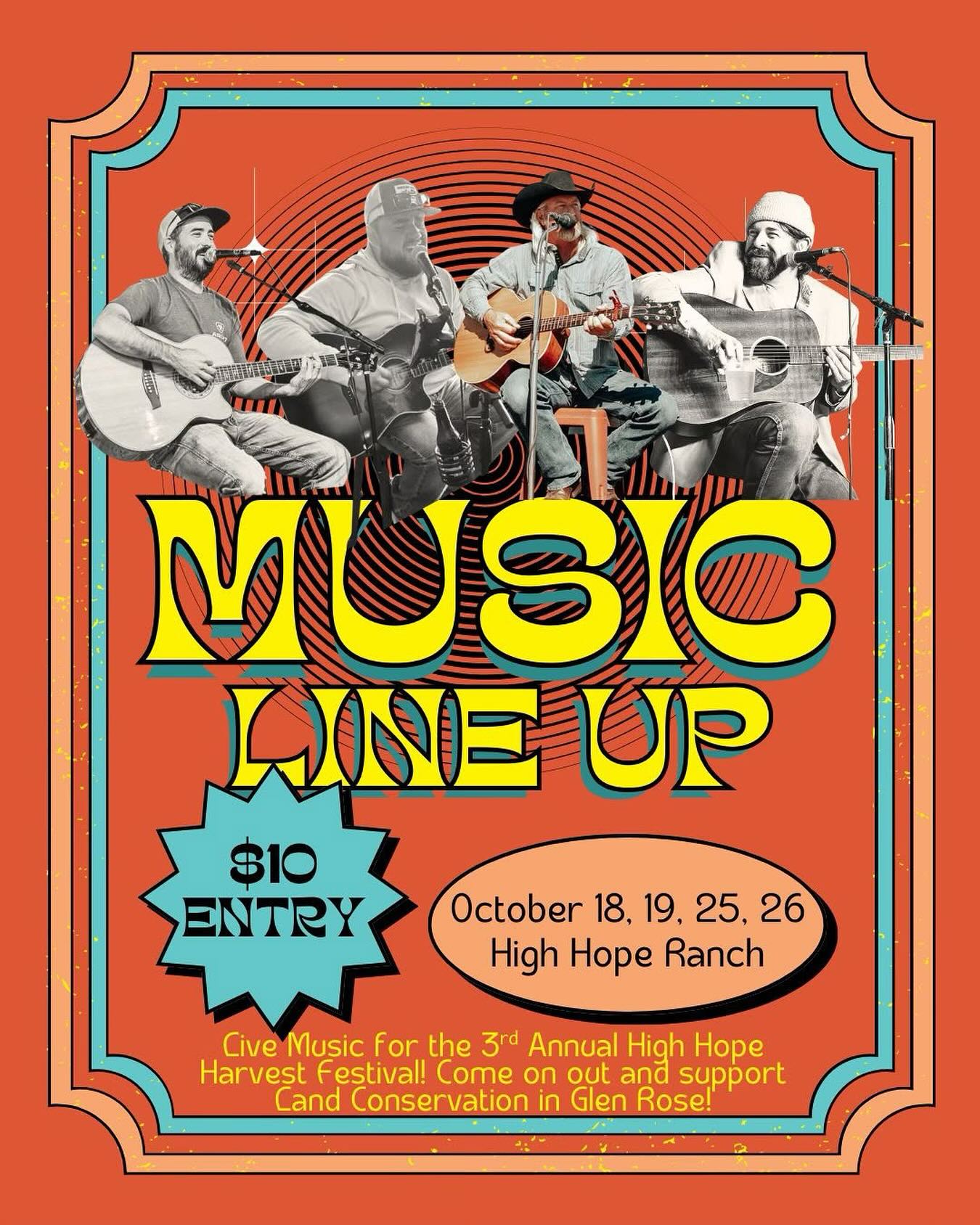 We are so excited to announce our LIVE MUSIC lineup for the Harvest Festival!!!
October 18th
Marina Trio 1:00-4:00pm
Colby Townley 4:30-7:00pm
October 19th
Buck Fuffalo 4:30-7:00pm
October 25th
Marina Trio 1:00-4:00 pm
Cody Dodd 4:30-7:00pm
October 26th
Brady Hulsey 4:30-7:00pm
Tickets are $10/pp at the door and admits to the entire festival! So come on out, listen to some great music, and support land conservation!