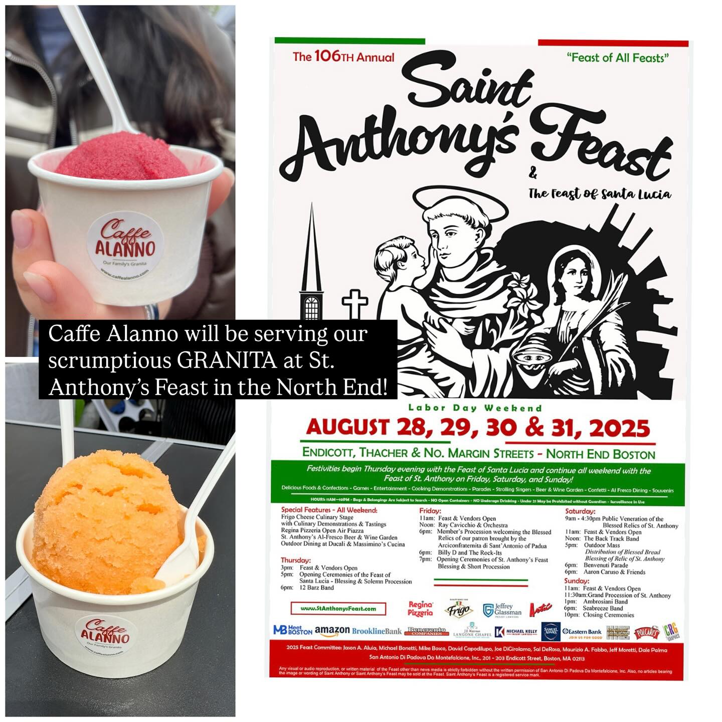 Extra, extra, read all about it! Caffe Alanno will be at this year’s St Anthony’s Feast. Find us at 133 Endicott Street in the North End, Boston. We look forward to seeing you. 💚🤍❤️
#stanthonysfeast #saintanthonysfeast #granita #siciliangranita #stanthonysfeastboston #refreshinggranita