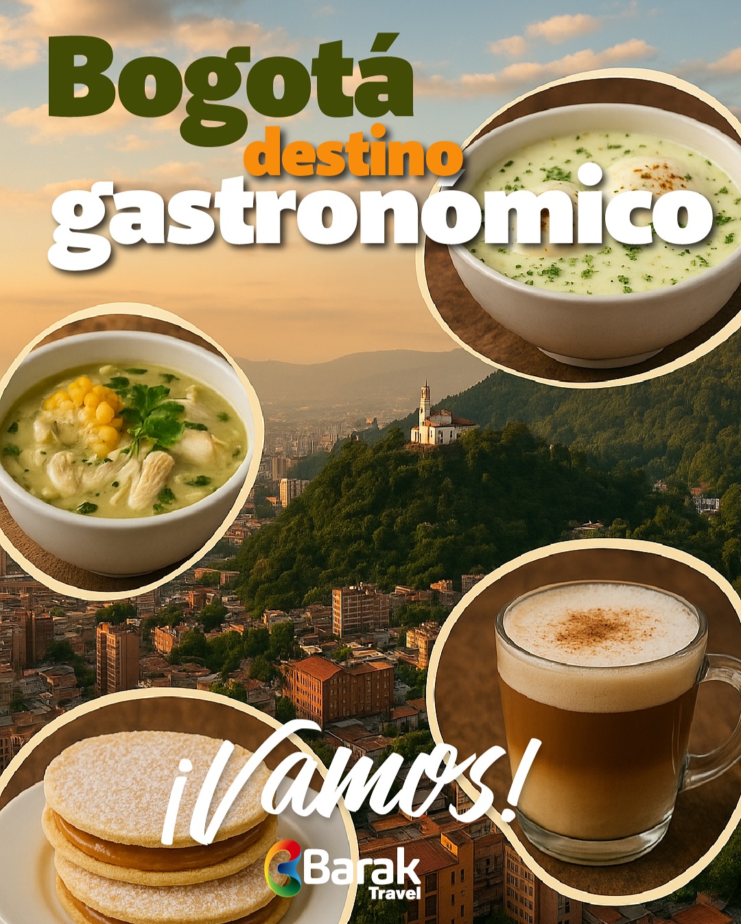 🥘✨ Bogotá no solo es la capital de Colombia, también es un destino lleno de sabores únicos que conquistan cada paladar.
🍲 Ajiaco santafereño, una sopa tradicional que calienta el alma en el frío capitalino.
🥟 Empanadas crocantes, perfectas para disfrutar en cualquier esquina.
🧀 Chocolate caliente con queso, una combinación que sorprende y encanta.
🍖 Bandeja típica y tamales, que reflejan la tradición y la riqueza de nuestra cultura gastronómica.
Descubre estos sabores en cada rincón de la ciudad y vive una experiencia inolvidable 🍴💛.
Tu mejor aliado para disfrutar Bogotá es Barak Travel, llevándote a saborear lo mejor de nuestra tierra ✈️🌍.