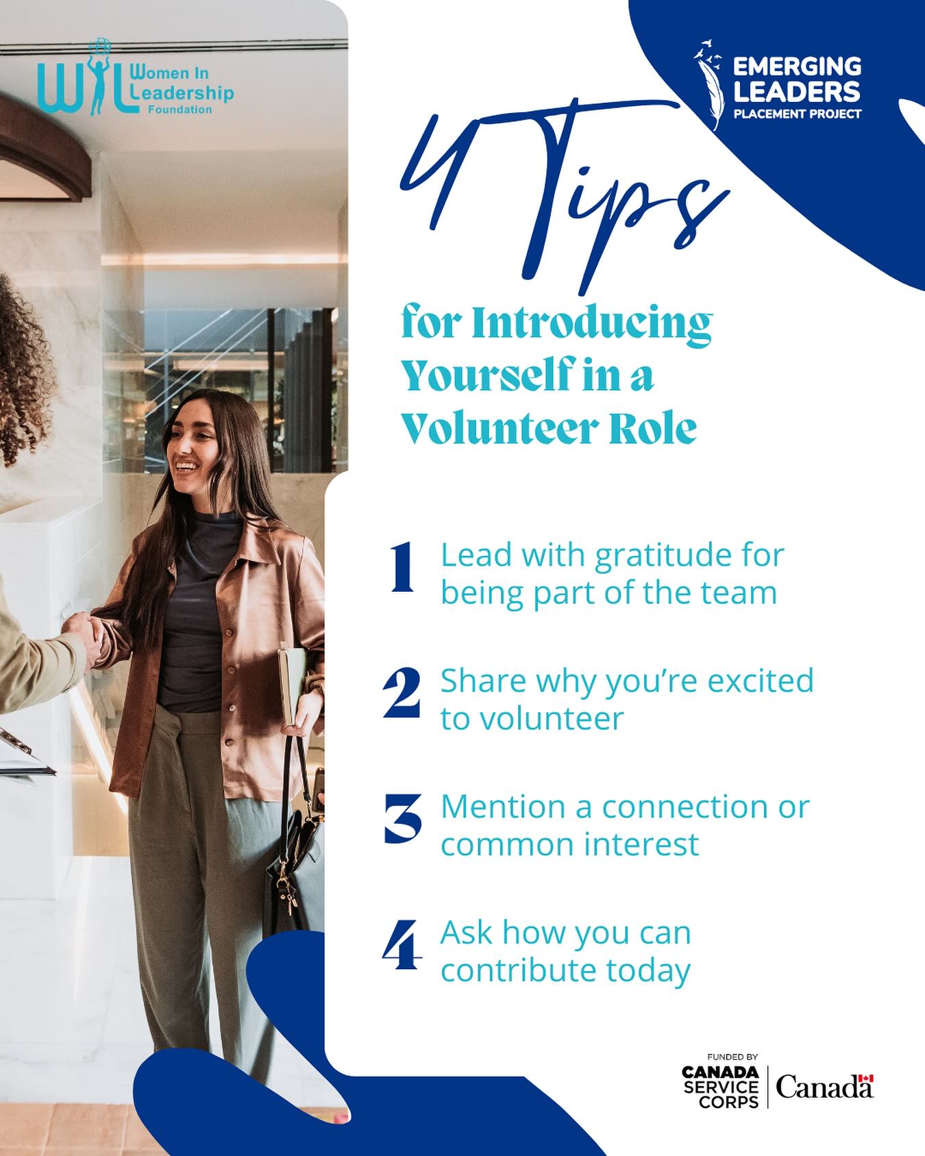 First impressions matter, even as a volunteer 🌟
Use these 4 simple tips to introduce yourself confidently, connect with your team, and show that you’re ready to make an impact. Small steps can lead to big contributions!
🔗 Learn more in our bio under Emerging Leaders Placement Project
Proudly funded by Canada Service Corps.
#YouthLeadership #EmergingLeaders #LeadersToday #VolunteerReady #IAmAVolunteer #MentorshipMatters #YouthInAction