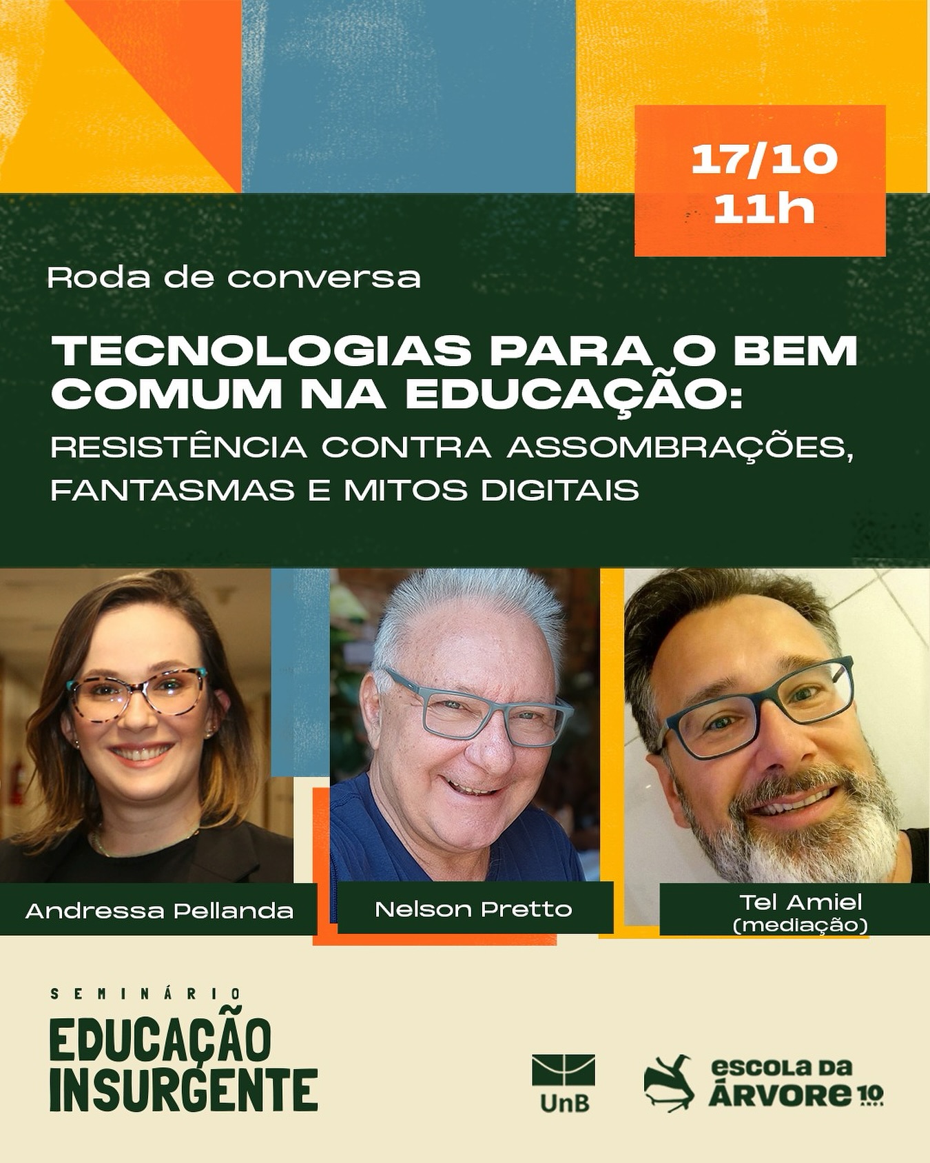 As tecnologias constroem nossa forma de aprender, ensinar e se relacionar. Mas será que sempre estão a serviço do bem comum? Quantas vezes são apropriadas pelo mercado, travestidas de soluções mágicas ou cercadas de mitos digitais que pouco dialogam com a realidade das escolas?
Nesta roda, vamos refletir sobre como resistir a essas armadilhas e imaginar usos transformadores da tecnologia na educação.
Andressa Pellanda @andressapellanda.prof– cientista política, educadora e coordenadora geral da Campanha Nacional pelo Direito à Educação, referência em políticas públicas e governança da educação no Brasil e no mundo.
Nelson Pretto @nelsonpretto – professor e ativista da Faculdade de Educação da UFBA, pesquisador e militante por uma ciência e educação abertas e críticas.
Tel Amiel – professor da UnB, titular da Cátedra UNESCO em Educação Aberta e Tecnologias para o Bem Comum, pesquisador e ativista em educação aberta e software livre.
Um encontro para pensar além dos “fantasmas” tecnológicos e fortalecer caminhos em que a tecnologia esteja alinhada à justiça social e ao direito à educação.
Inscreva-se pelo link na bio.
—
SEMINÁRIO EDUCAÇÃO INSURGENTE
📅 17 de outubro, 11h às 13h