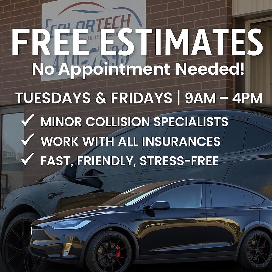 🚗✨ Need an Estimate? We’ve Got You Covered! ✨🚗
At Colortech, we make it easy:
✅ FREE Estimates – No appointment needed!
✅ Walk in Tuesdays & Fridays, 9 AM – 4 PM
✅ We work with ALL insurance companies
✅ Minor collision repair specialists
💡 While others charge or require appointments just to look at your vehicle, we believe in keeping it simple, fast, and stress-free.