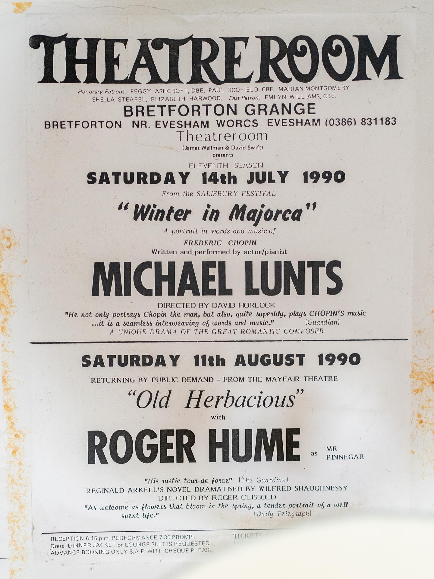 This is the poster from the first time Michael Lunts performed for James Wellman & David Swift - in ‘Theatreroom’ at the top of their house, Bretforton Grange. Michael returns on 6 September, this time to Theatrebarn, as the first show of the autumn. Tickets are on sale via the link in our bio.