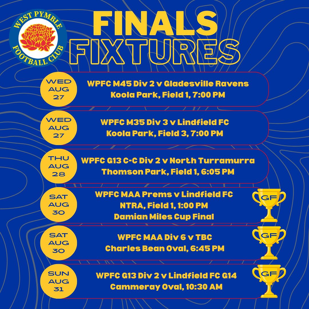 Finals Fever! 💛💙
We’re super proud of all of our teams and players for their heart, spirit and effort this year!
A few of our teams have made it through to the finals series and have semi or grand final games this week!
Pop along and give your best West Pymble cheer to give them a competitive supporter’s edge!
Good luck everyone!! 💛💙