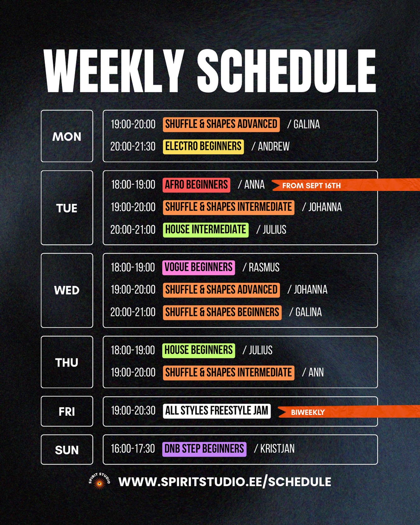 NEW SEASON WEEKLY SCHEDULE ๐๏ธ
๐ MONDAY
19-20 Shuffle & Shapes Advanced / @dancer_galia
20-21:30 Electro Beginners / @andrew.shalter
๐ TUESDAY
18-19 Afro Beginners / @annakisseljova (from Sept 16th)
19-20 Shuffle & Shapes Intermediate / @jkarjus
20-21 House Intermediate / @jm.simm
๐ WEDNESDAY
18-19 Vogue Beginners / @rasmusssuur
19-20 Shuffle & Shapes Advanced / @jkarjus
20-21 Shuffle & Shapes Beginners / @dancer_galia
๐ THURSDAY
18-19 House Beginners / @jm.simm
19-20 Shuffle & Shapes Intermediate / @annlember
๐ FRIDAY
19-20:30 All Style Freestyle Jam (Biweekly)
๐ SUNDAY
16-17:30 DnB Step Beginners / @cerebr0_dnb
Which classes will you be joining? ๐