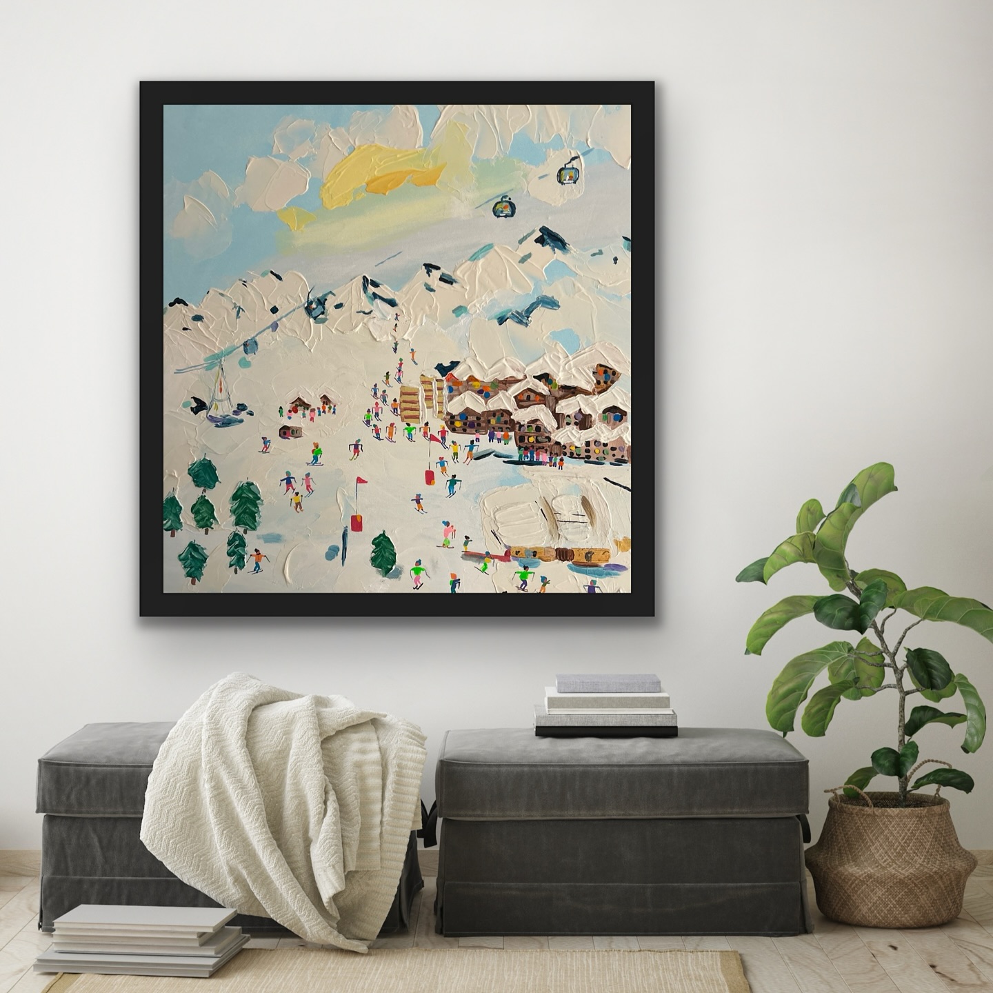 ✨ “ Jour de ski ” – Acrylique sur toile
Un ciel bleu pastel, des sommets enneigés, des rires d’enfants et le crissement des skis sur la poudreuse…
“Jour de ski” capture la magie de l’hiver — celle des villages animés, des pistes ensoleillées et de l’insouciance des vacances à la montagne.
Une scène vivante, joyeuse, pleine de mouvement, peinte à la main au couteau et au pinceau.
Chaque skieur est une touche de couleur, chaque sapin une respiration.
On y sent le froid sur les joues, le soleil sur les paupières, et l’envie de se laisser glisser.
Cette toile est une invitation à s’évader… ou à garder un peu de montagne chez soi. 🖼 70 x 70 cm - 500€
Pièce unique, peinte à la main.