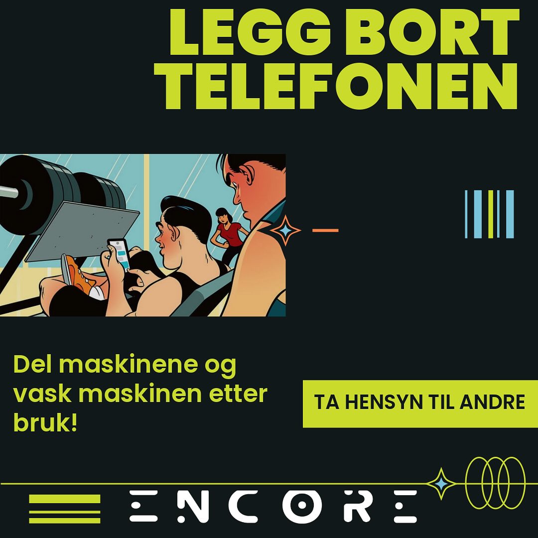 Vi sliter med at flere og flere bruker mye tid på telefonen når de er på treningssenteret. Dette er både irriterende og til sjenanse for andre medlemmer.
Husk:
- scrolling på sosiale medier gjør du hjemme
- del maskiner med andre
- rydd og vask etter deg.
Det er lov å si i fra til hverandre! Vi lærer ikke om man ikke får beskjed.
Velkommen til god og inkluderende trening 🏋️