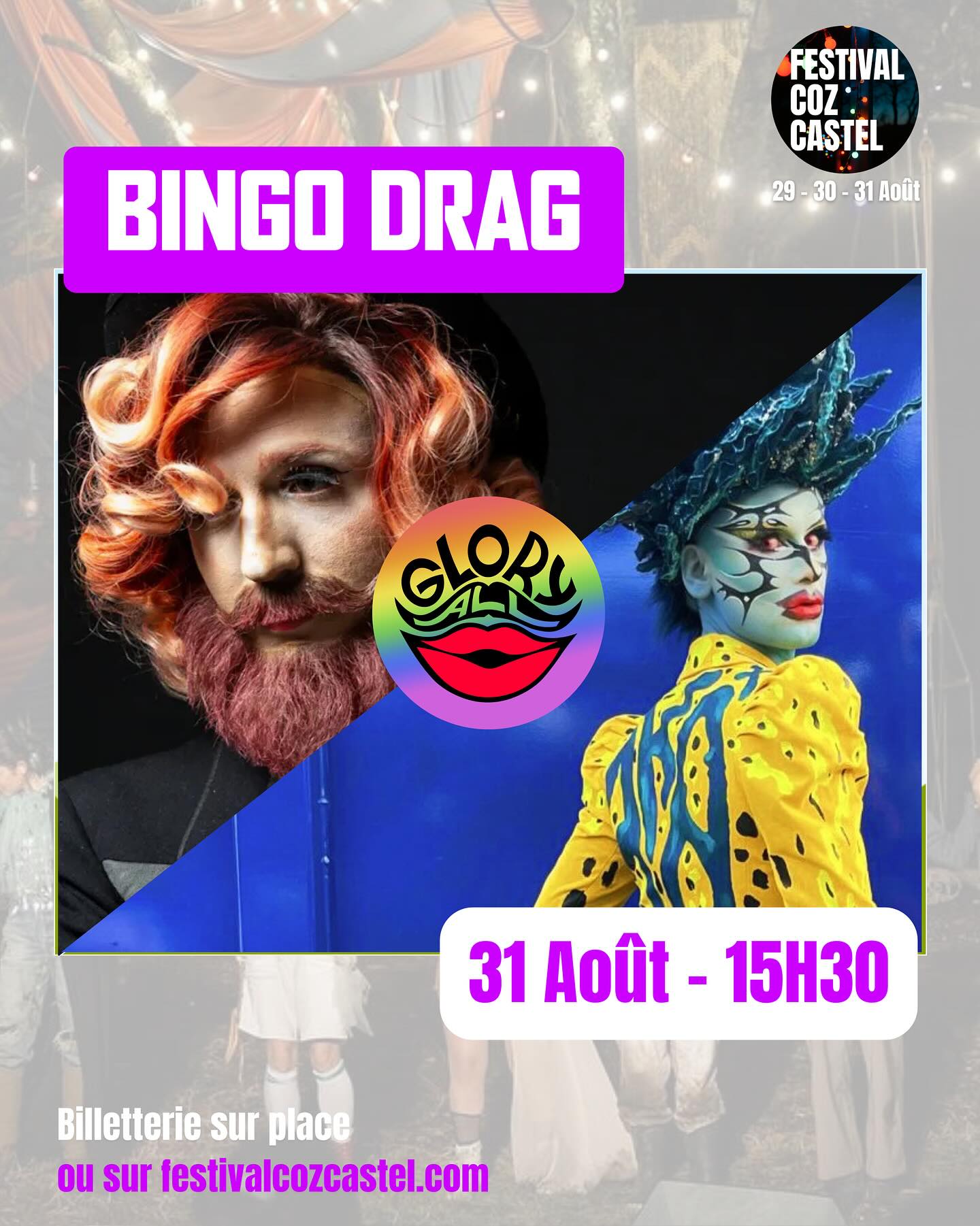 - ÉVÈNEMENT -
DIMANCHE 31 AOÛT - 15h30
——————BINGO DRAG———————
Nous avons le plaisir d’accueillir le collectif Brestois @glory.all et plus particulièrement les époustouflantes @akapuissancex et René•e qui se chargeront d’organiser pour vous un magnifique Bingo en plein air dans la prairie du festival ⭐️🪩
Venez tenter de gagner le panier garni des commerçants de la ville ce dimanche à 15h!